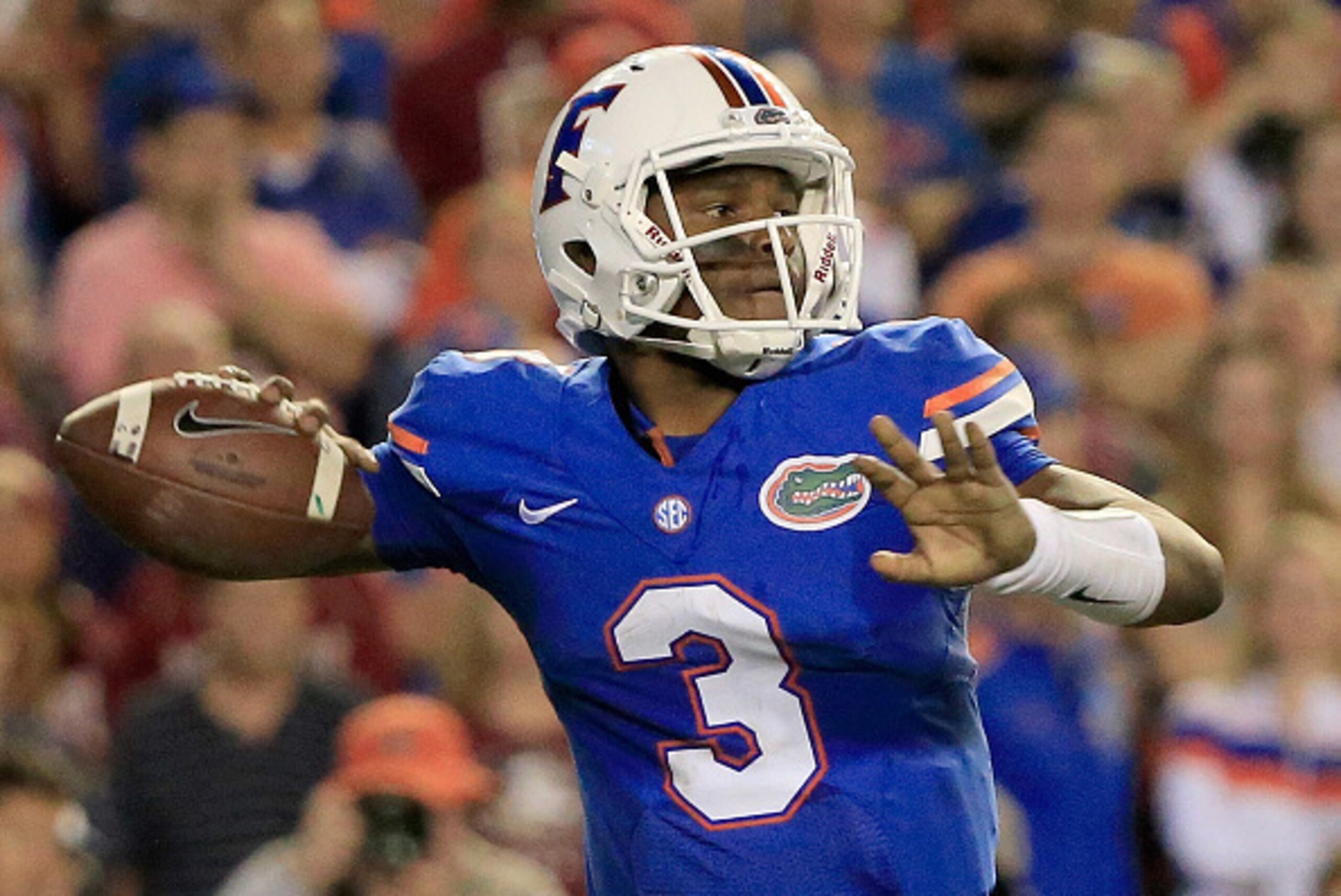 GAINESVILLE, FL - NOVEMBER 28:  Treon Harris #3 of the Florida Gators attempts a pass during the game against the Florida State Seminoles at Ben Hill Griffin Stadium on November 28, 2015 in Gainesville, Florida.  (Photo by Sam Greenwood/Getty Images)