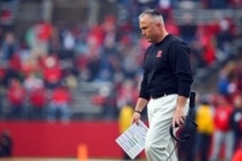 Nov 28, 2015; Piscataway, NJ, USA; Rutgers Scarlet Knights head coach Kyle Flood walks the sideline during the second half at High Points Solutions Stadium. Maryland defeated Rutgers 46-41.  Mandatory Credit: Ed Mulholland-USA TODAY Sports