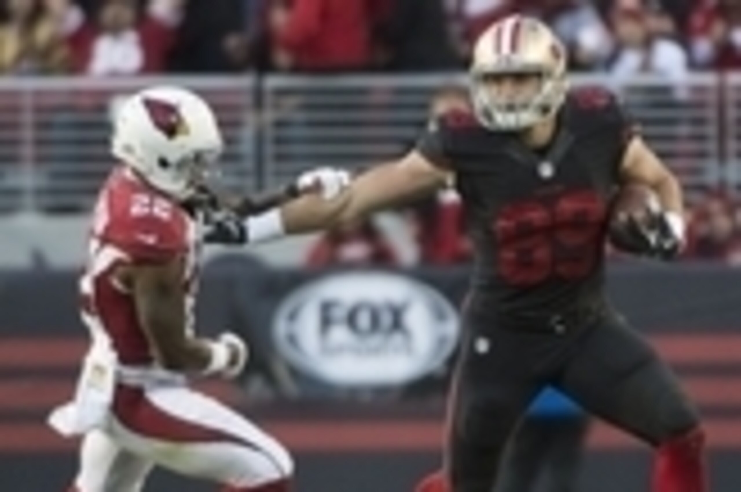 November 29, 2015; Santa Clara, CA, USA; San Francisco 49ers tight end Vance McDonald (89) runs against Arizona Cardinals strong safety Tony Jefferson (22) during the fourth quarter at Levi's Stadium. The Cardinals defeated the 49ers 19-13. Mandatory Cred