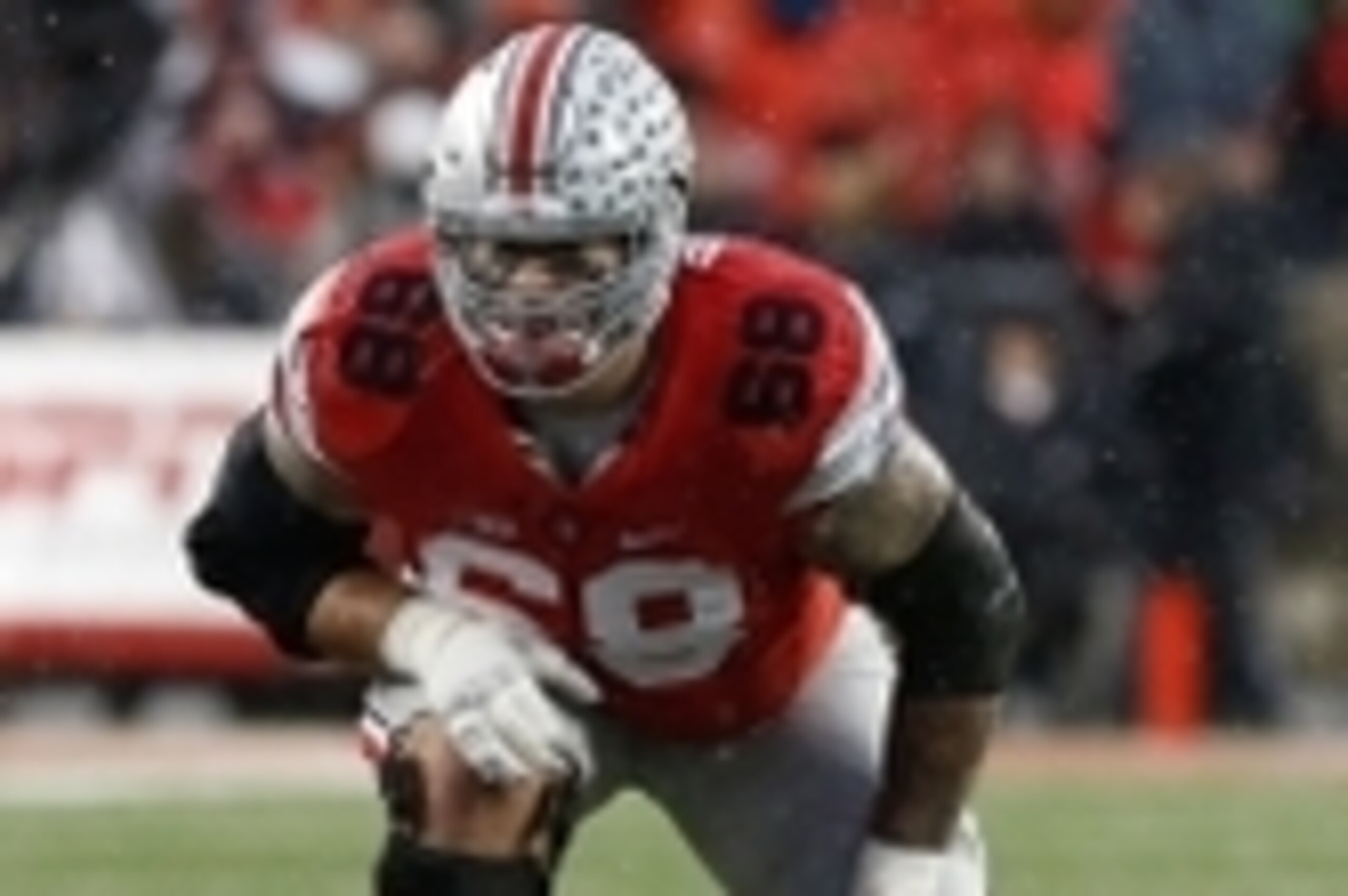 Nov 21, 2015; Columbus, OH, USA; Ohio State Buckeyes offensive lineman Taylor Decker (68) lines up against the Michigan State Spartans at Ohio Stadium. Mandatory Credit: Geoff Burke-USA TODAY Sports