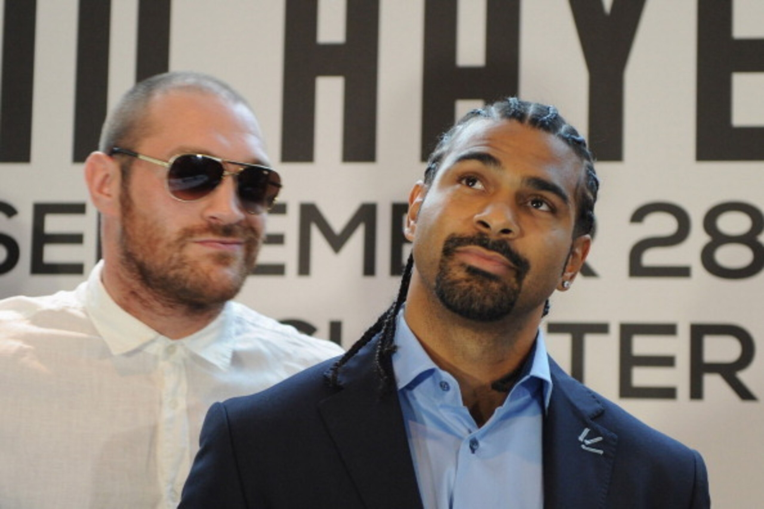 LONDON, ENGLAND - JULY 11:  British heavyweight boxers David Haye (R) and Tyson Fury attend a press conference to announce their upcoming title fight on July 11, 2013 in London, England.  (Photo by Shaun Botterill/Getty Images)