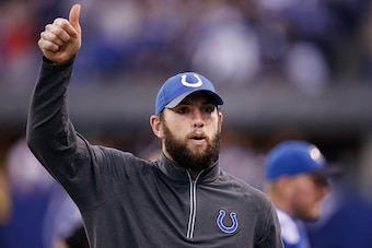 INDIANAPOLIS, IN - NOVEMBER 29: Andrew Luck #12 of the Indianapolis Colts looks on against the Tampa Bay Buccaneers during the game at Lucas Oil Stadium on November 29, 2015 in Indianapolis, Indiana. The Colts defeated the Bucs 25-12. (Photo by Joe Robbin