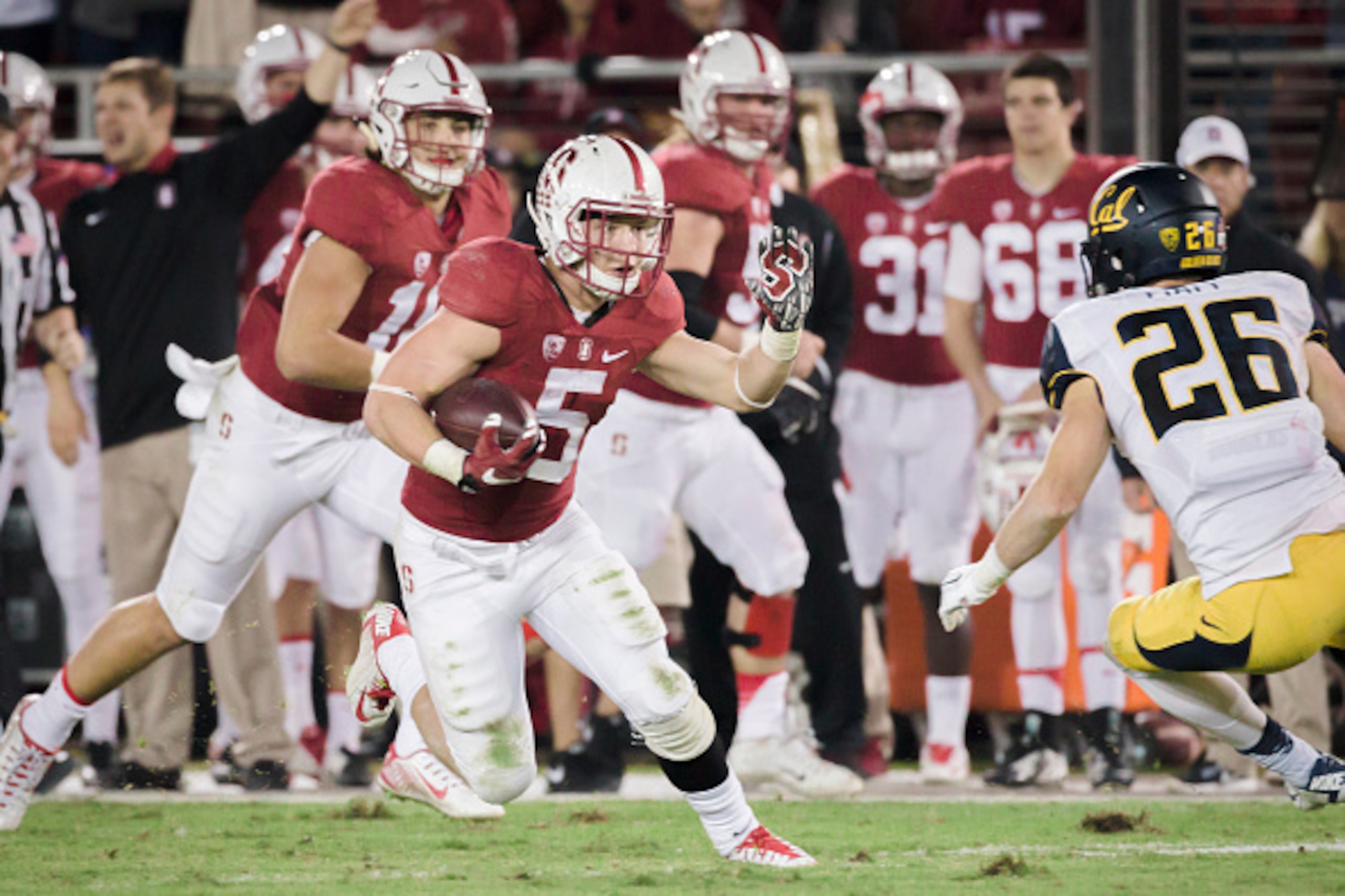 PALO ALTO, CA - NOVEMBER 21: Christian McCaffrey #5 of the Stanford Cardinal plays in the 118th Big Game against the California Golden Bears on November 21, 2015 at Stanford Stadium on the campus of Stanford University in Palo Alto, California. Griffin PALO ALTO, CA - NOVEMBER 21: Christian McCaffrey #5 of the Stanford Cardinal plays in the 118th Big Game against the California Golden Bears on November 21, 2015 at Stanford Stadium on the campus of Stanford University in Palo Alto, California. Griffin