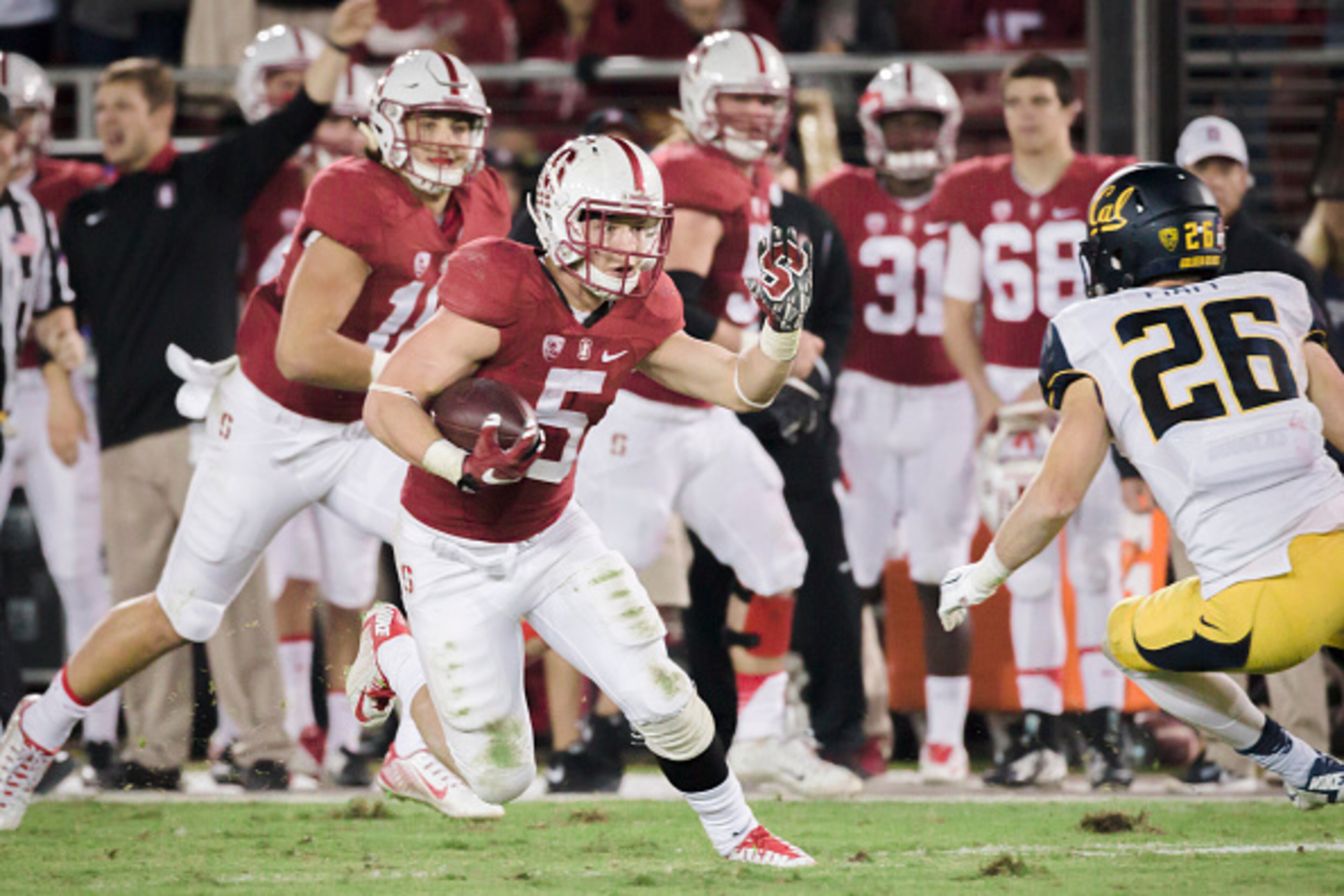 PALO ALTO, CA - NOVEMBER 21: Christian McCaffrey #5 of the Stanford Cardinal plays in the 118th Big Game against the California Golden Bears on November 21, 2015 at Stanford Stadium on the campus of Stanford University in Palo Alto, California. Griffin PALO ALTO, CA - NOVEMBER 21: Christian McCaffrey #5 of the Stanford Cardinal plays in the 118th Big Game against the California Golden Bears on November 21, 2015 at Stanford Stadium on the campus of Stanford University in Palo Alto, California. Griffin