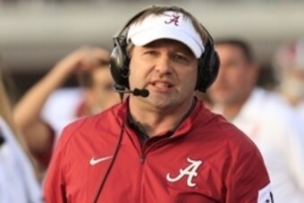 Nov 14, 2015; Starkville, MS, USA; Alabama Crimson Tide defensive coordinator Kirby Smart during the game against Mississippi State Bulldogs at Davis Wade Stadium. Mandatory Credit: Marvin Gentry-USA TODAY Sports