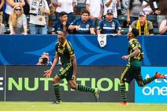 CARSON, CA - OCTOBER 18: Fanendo Adi #9 of Portland Timbers celebrates his goal during Los Angeles Galaxy's MLS match against Portland Timbers at the StubHub Center on October 18, 2015 in Carson, California.  The Portland Timbers won the match 5-2  (Photo