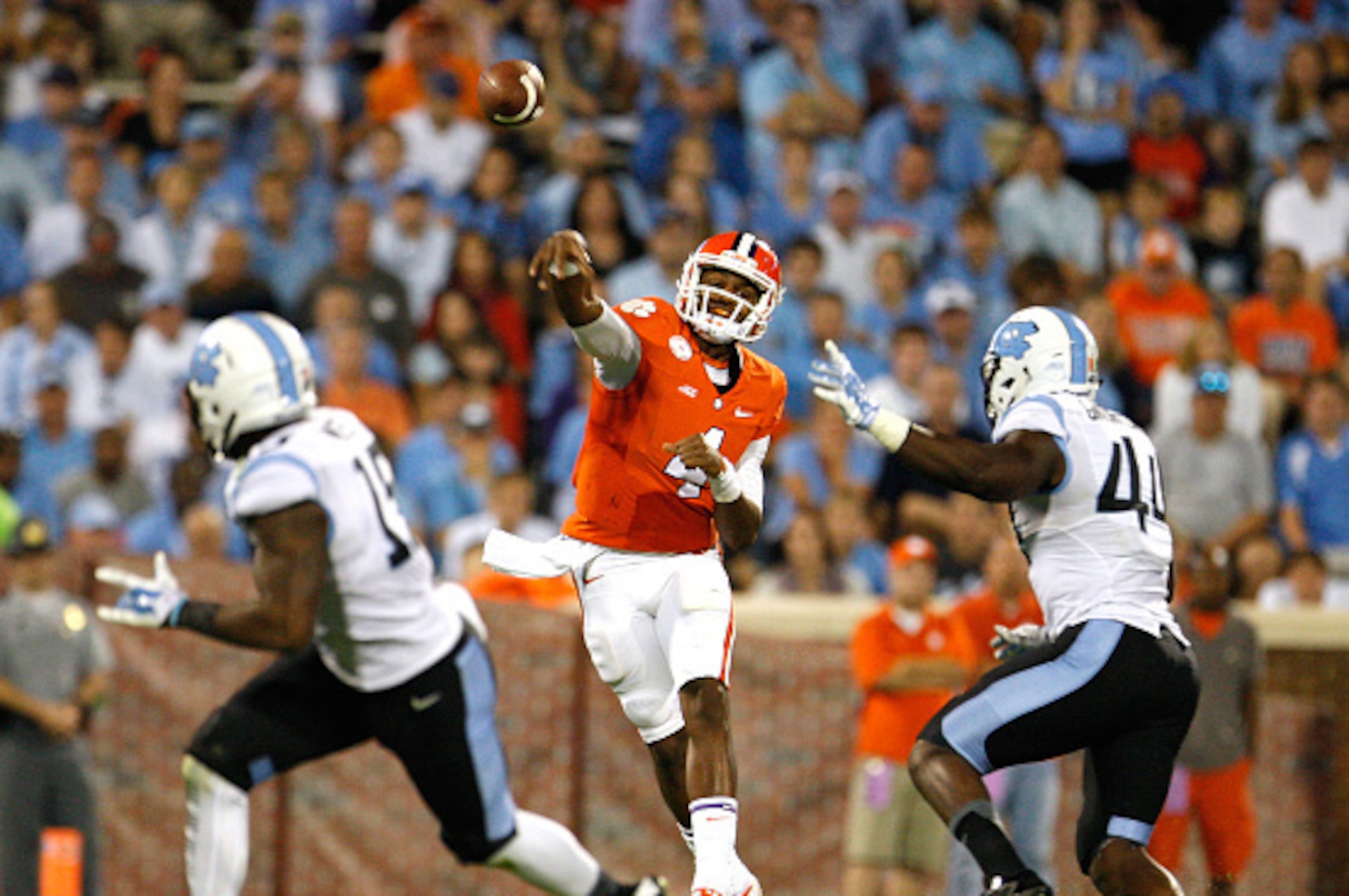CLEMSON, SC - SEPTEMBER 27: Deshaun Watson #4 of the Clemson Tigers passes during the third quarter of the game against the North Carolina Tar Heels at Memorial Stadium on September 27, 2014 in Clemson, South Carolina. Watson set the record for total touc