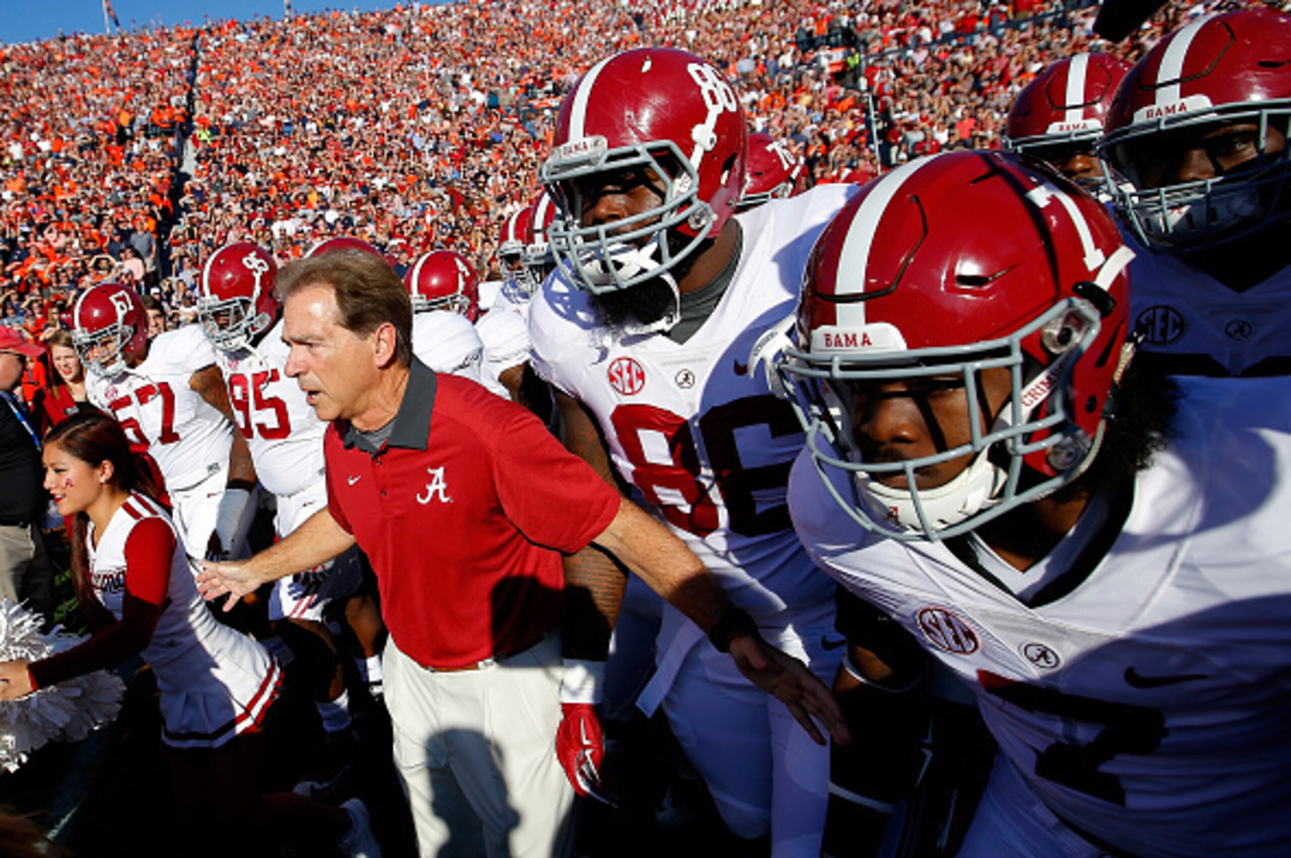 AUBURN, AL - NOVEMBER 28:  Head coach Nick Saban of the Alabama Crimson Tide prepares to lead his team onto the field to face the Alabama Crimson Tide at Jordan Hare Stadium on November 28, 2015 in Auburn, Alabama.  (Photo by Kevin C. Cox/Getty Images)