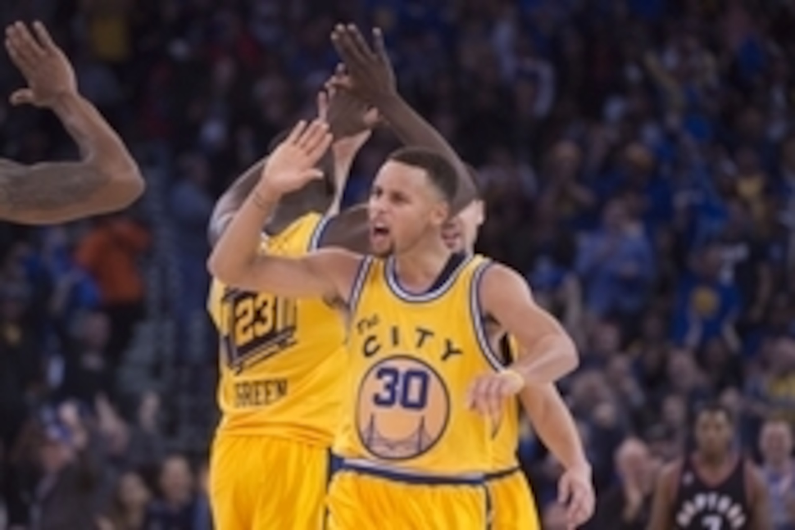 November 17, 2015; Oakland, CA, USA; Golden State Warriors guard Stephen Curry (30) celebrates during the second quarter against the Toronto Raptors at Oracle Arena. Mandatory Credit: Kyle Terada-USA TODAY Sports