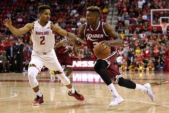 COLLEGE PARK, MD - NOVEMBER 20: Jimmie Taylor #3 of the Rider Broncs dribbles past Melo Trimble #2 of the Maryland Terrapins during the first half at Xfinity Center on November 20, 2015 in College Park, Maryland. (Photo by Patrick Smith/Getty Images)