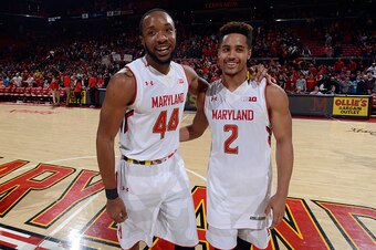 COLLEGE PARK, MD - JANUARY 25:  Dez Wells #44 of the Maryland Terrapins celebrates with Melo Trimble #2 after a victory against the Northwestern Wildcats at the Xfinity Center on January 25, 2015 in College Park, Maryland.  (Photo by G Fiume/Maryland Terr