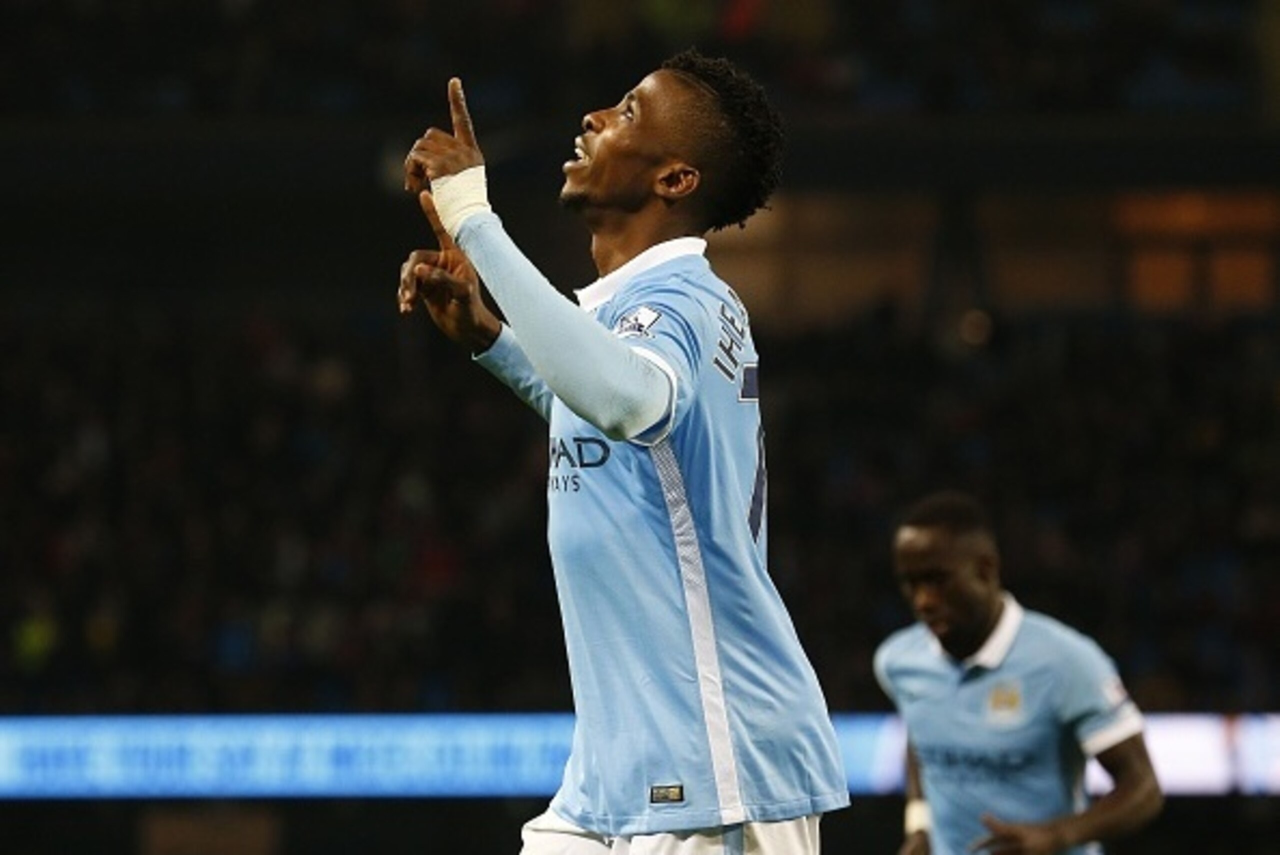 Manchester City's Nigerian striker Kelechi Iheanacho celebrates after scoring their third goal during the English League Cup fourth round football match between Manchester City and Crystal Palace at The Etihad Stadium in Manchester, north west England on 