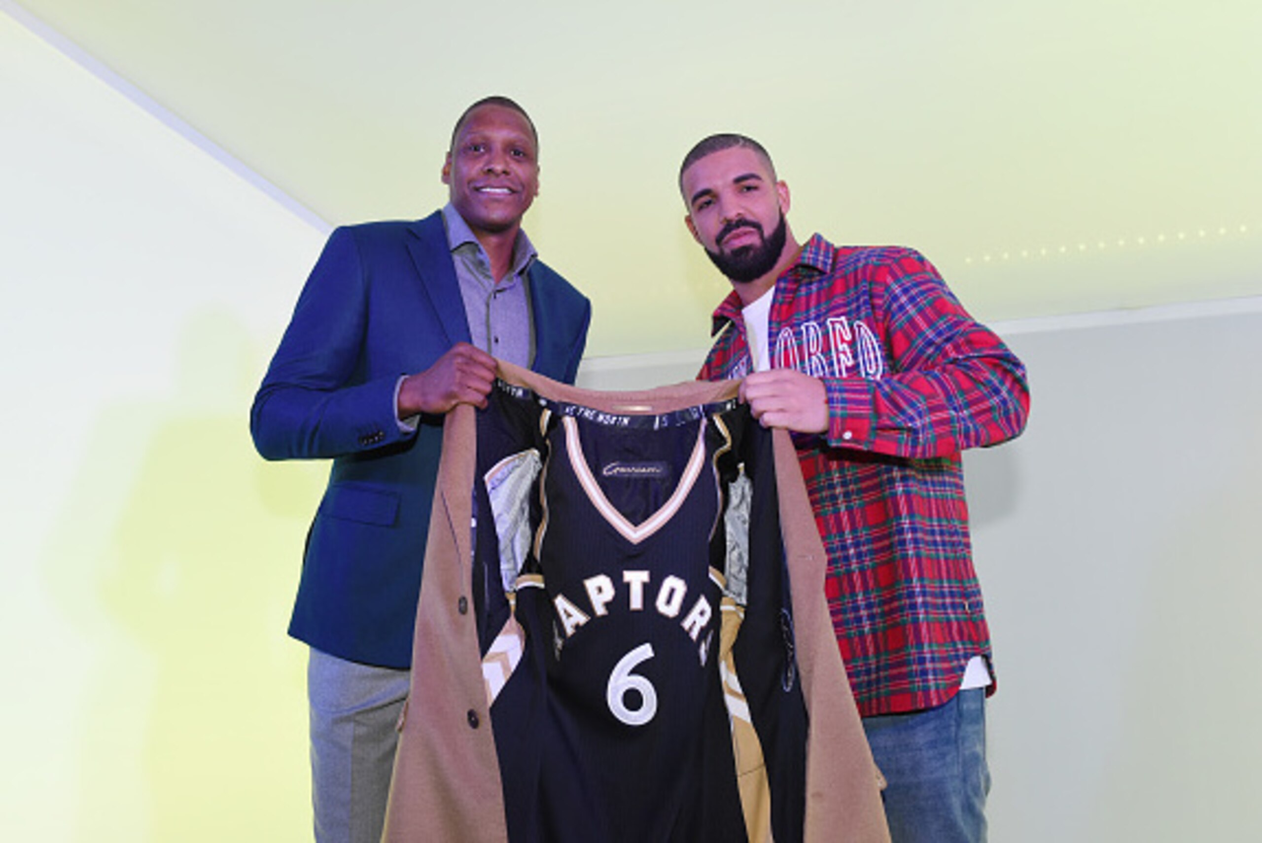 TORONTO, CANADA - NOVEMBER 25:  Toronto Raptors general manager Masai Ujiri and Drake before the game between the Toronto Raptors and the Cleveland Cavaliers  on November 25, 2015 at the Air Canada Centre in Toronto, Ontario, Canada.  NOTE TO USER: User e