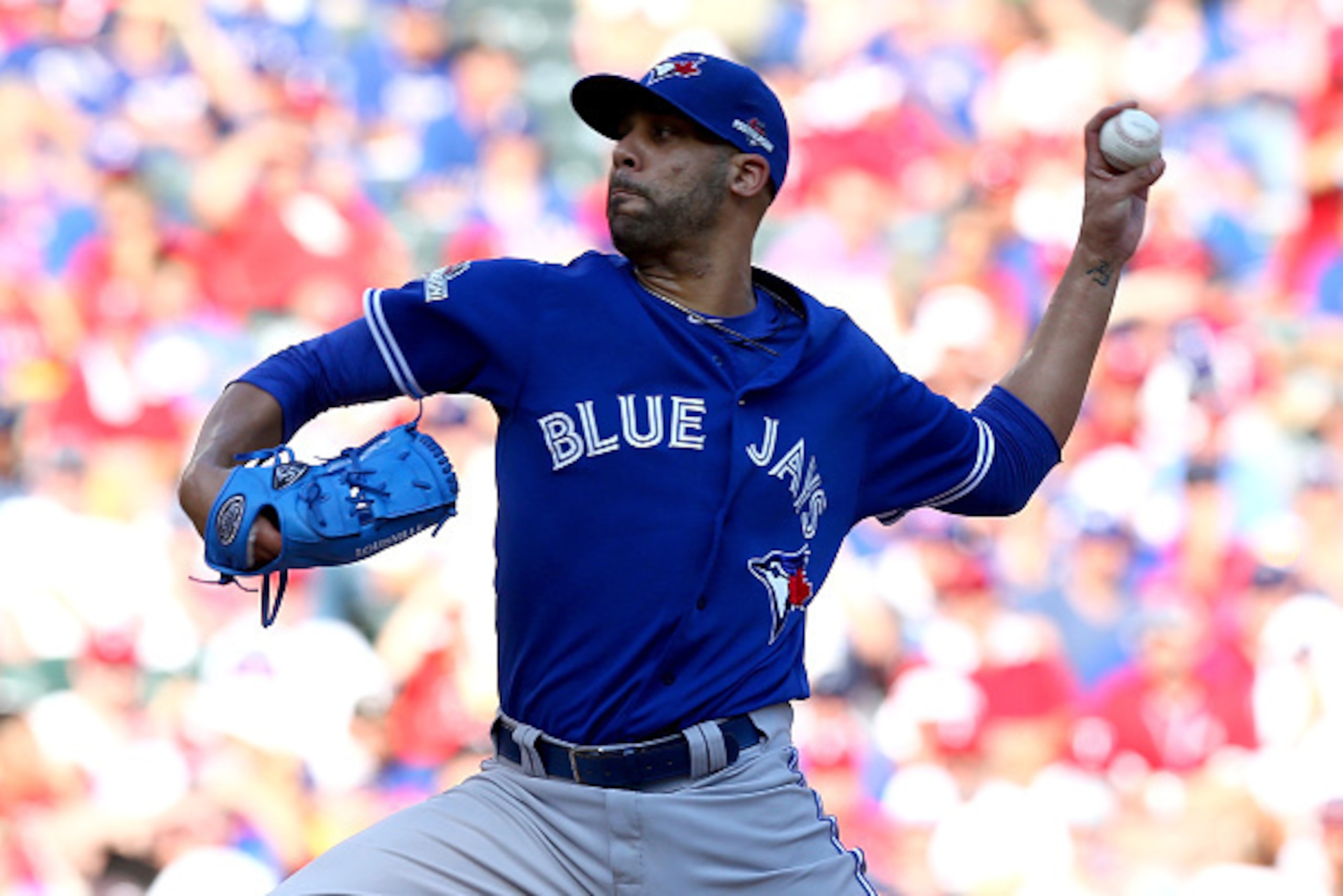 ARLINGTON, TX - OCTOBER 12:  David Price #14 of the Toronto Blue Jays pitches in relief in the fifth inning agaisnt the Texas Rangers in game four of the American League Division Series at Globe Life Park in Arlington on October 12, 2015 in Arlington, Tex