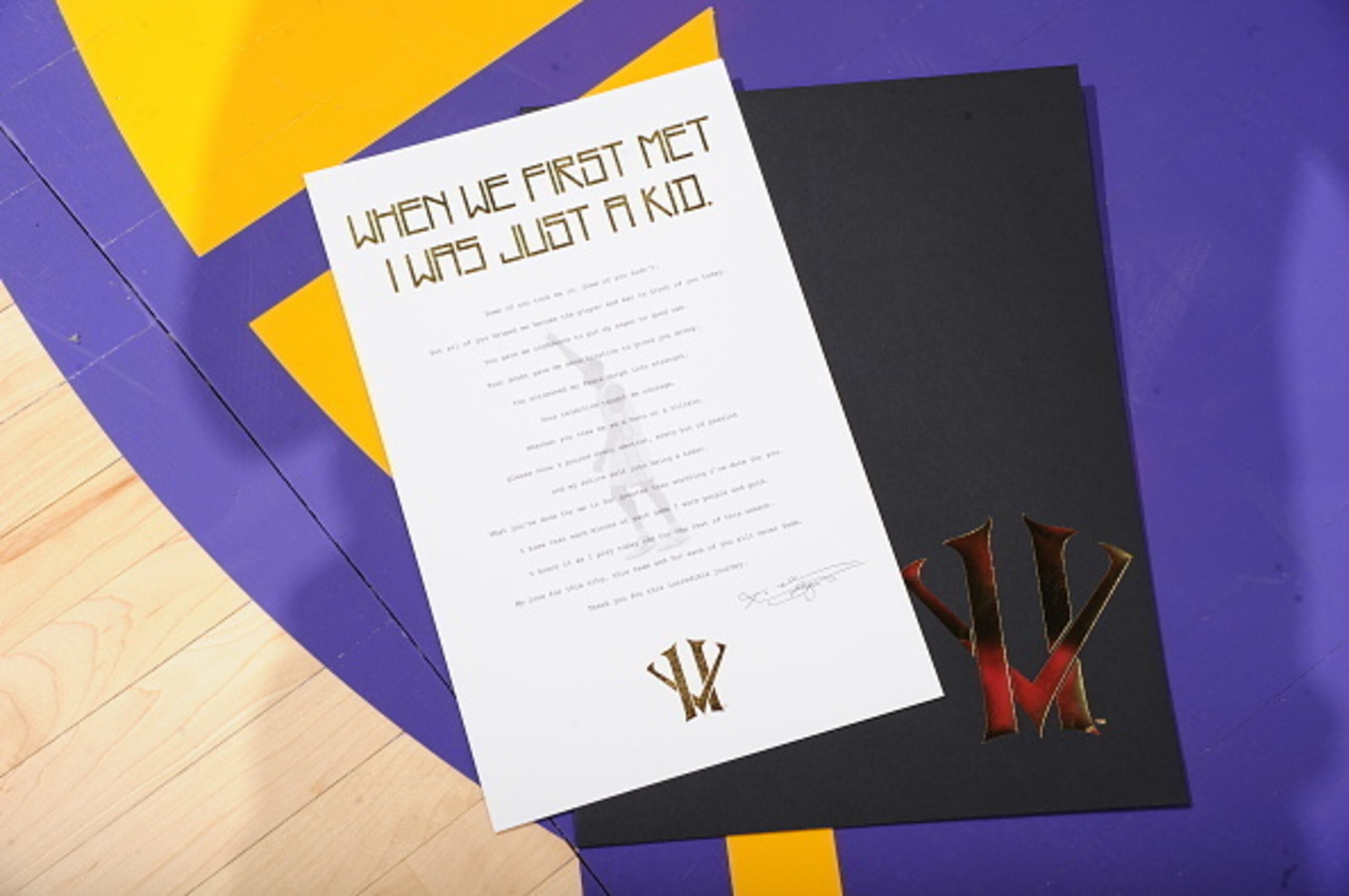 LOS ANGELES, CA - NOVEMBER 29:  A letter from Kobe Bryant #24 of the Los Angeles Lakers to the fans is displayed before the game against the Indiana Pacers on November 29, 2015 at STAPLES Center in Los Angeles, California. NOTE TO USER: User expressly ack