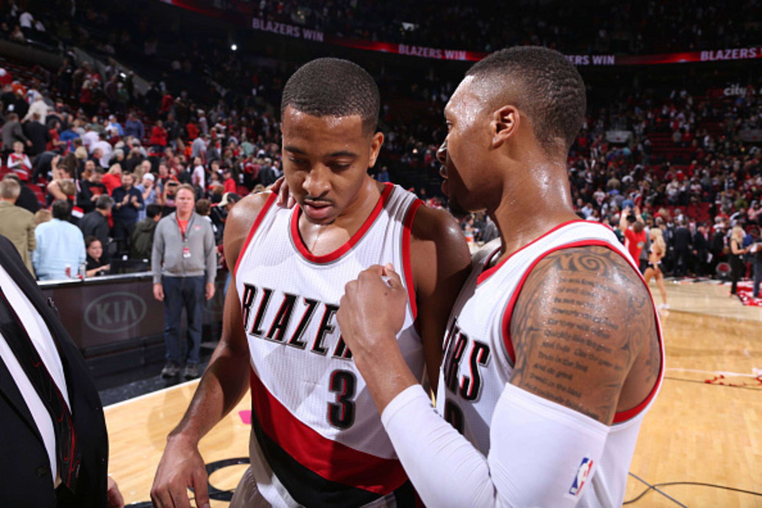 PORTLAND, OR - OCTOBER 28: Damian Lillard #0 chats with C.J. McCollum #3 of the Portland Trail Blazers after the game against the New Orleans Pelicans on October 28, 2015 at the Moda Center in Portland, Oregon. NOTE TO USER: User expressly acknowledges an