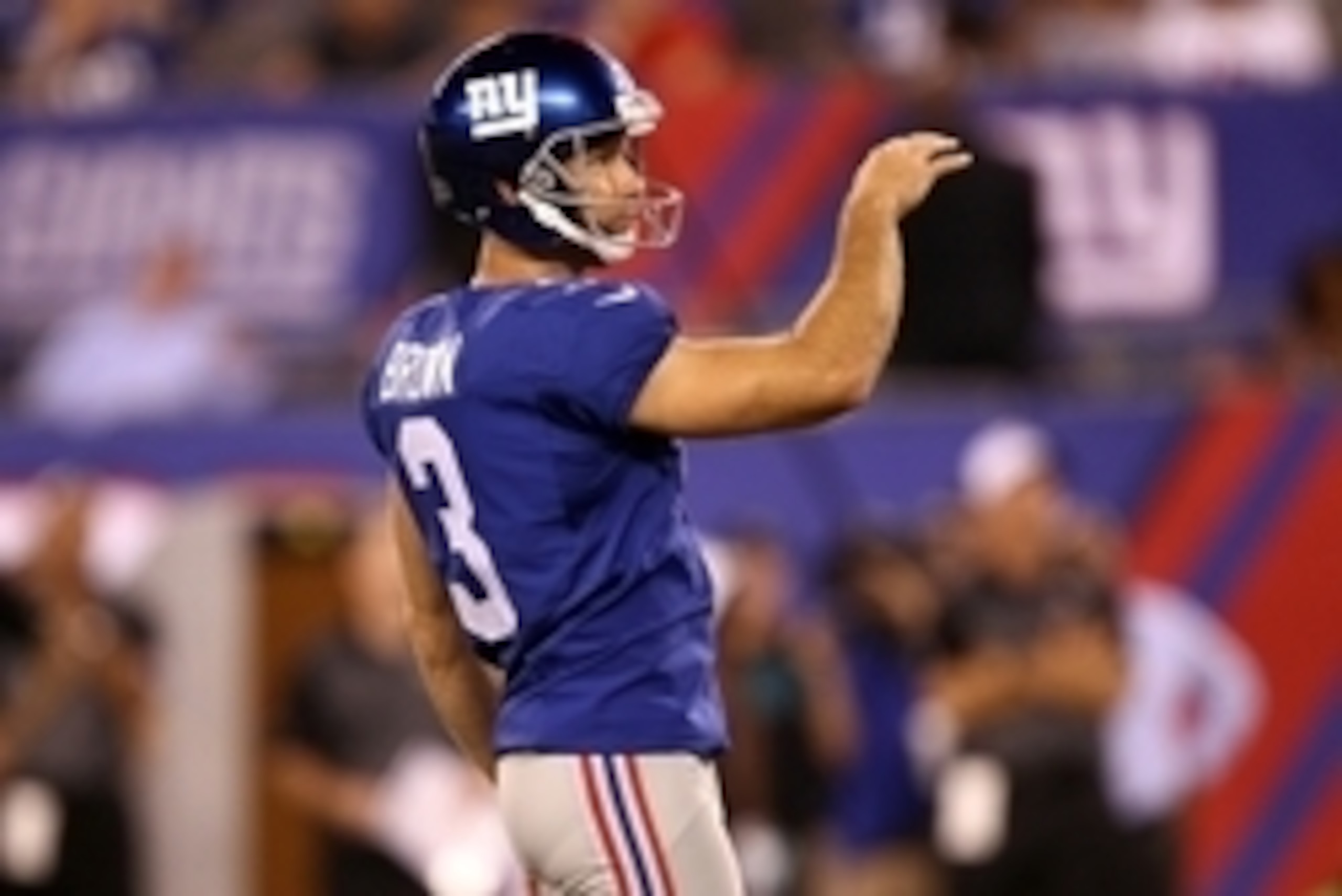 Aug 22, 2015; East Rutherford, NJ, USA; New York Giants kicker Josh Brown (3) watches his field goal during the second half against the Jacksonville Jaguars at MetLife Stadium. Mandatory Credit: Danny Wild-USA TODAY Sports Aug 22, 2015; East Rutherford, NJ, USA; New York Giants kicker Josh Brown (3) watches his field goal during the second half against the Jacksonville Jaguars at MetLife Stadium. Mandatory Credit: Danny Wild-USA TODAY Sports