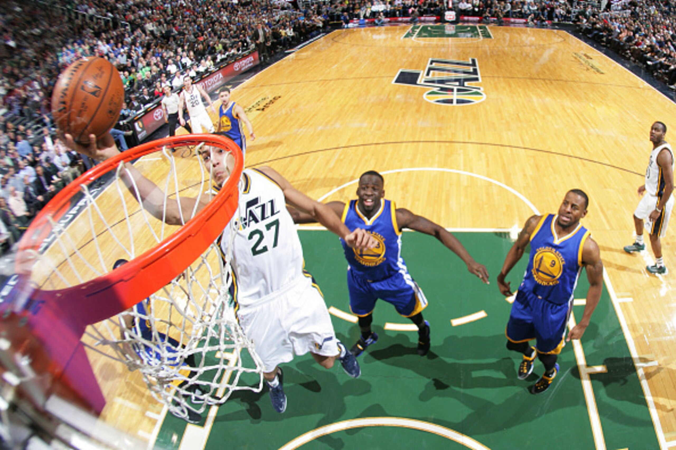 SALT LAKE CITY, UT - NOVEMBER 30: Rudy Gobert #27 of the Utah Jazz shoots the ball during the game against the Golden State Warriors on November 30, 2015 at EnergySolutions Arena in Salt Lake City, Utah. NOTE TO USER: User expressly acknowledges and agree