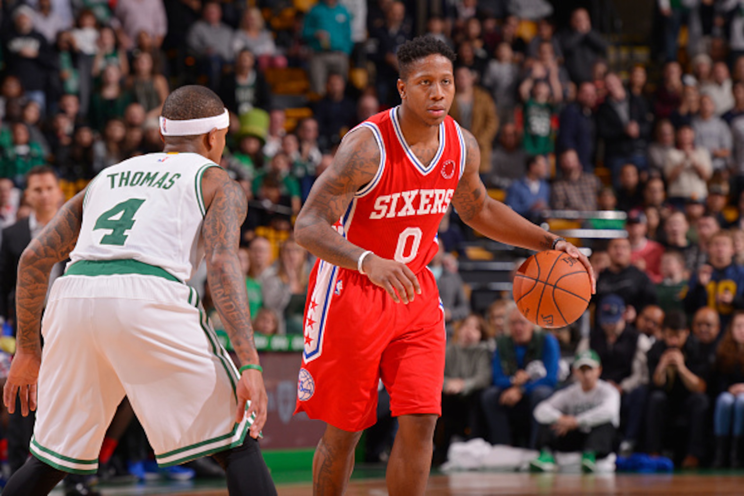 BOSTON, MA  - NOVEMBER 25: Isaiah Canaan #0 of the Philadelphia 76ers handles the ball during the game against the Boston Celtics on November 25, 2015 at the TD Garden in Boston, Massachusetts.. NOTE TO USER: User expressly acknowledges and agrees that, b