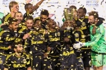Nov 29, 2015; Harrison, NJ, USA; The Columbus Crew win the Eastern Conference Championship and raise the trophy as they celebrate their victory against the New York Red Bulls at Red Bull Arena. The Columbus Crew won with an aggregate score of 2-1. Mandato