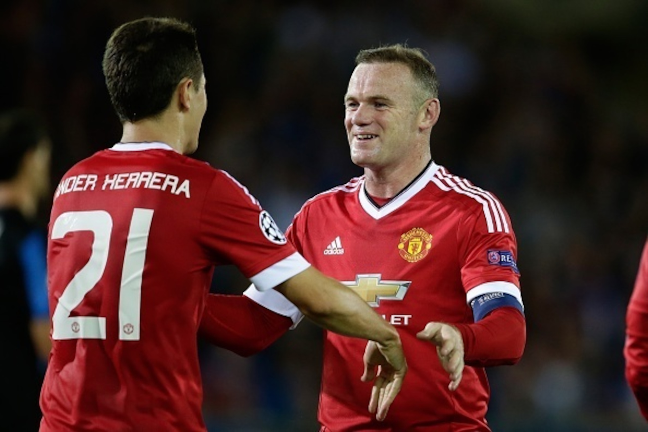 (L-R) Ander Herrera of Manchester United, Wayne Rooney of Manchester United during the UEFA Champions League play-offs match between Club Brugge and Manchester United on August 26, 2015 at the Jan Breydel stadium in Brugge, Belgium.(Photo by VI Images via