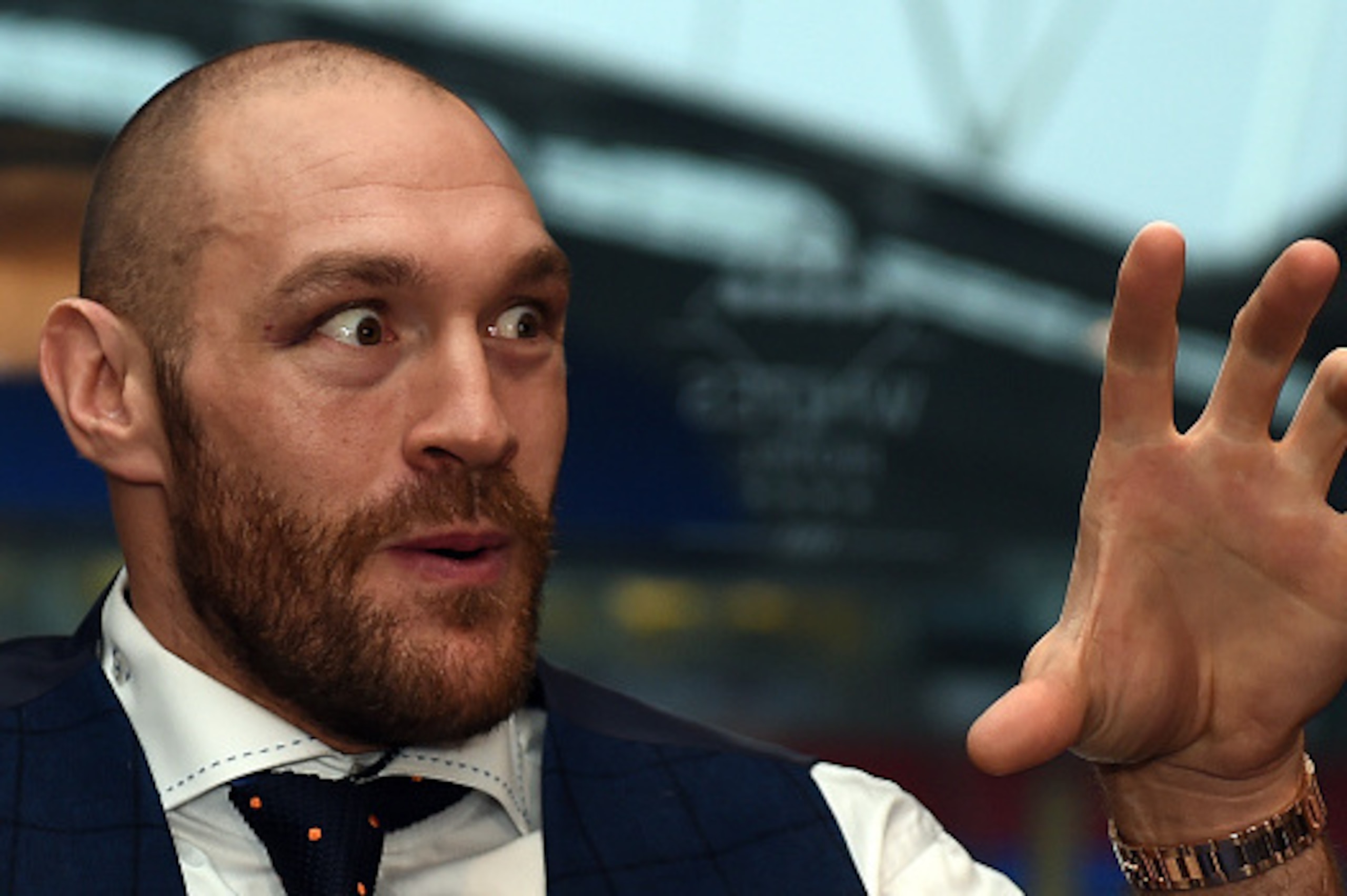 Britain's world heavyweight champion Tyson Fury speaks during a press conference in Bolton, north west England on November 30, 2015. Tyson Fury was crowned the new world heavyweight champion on November 28, ending Wladimir Klitschko's nine-year reign as c