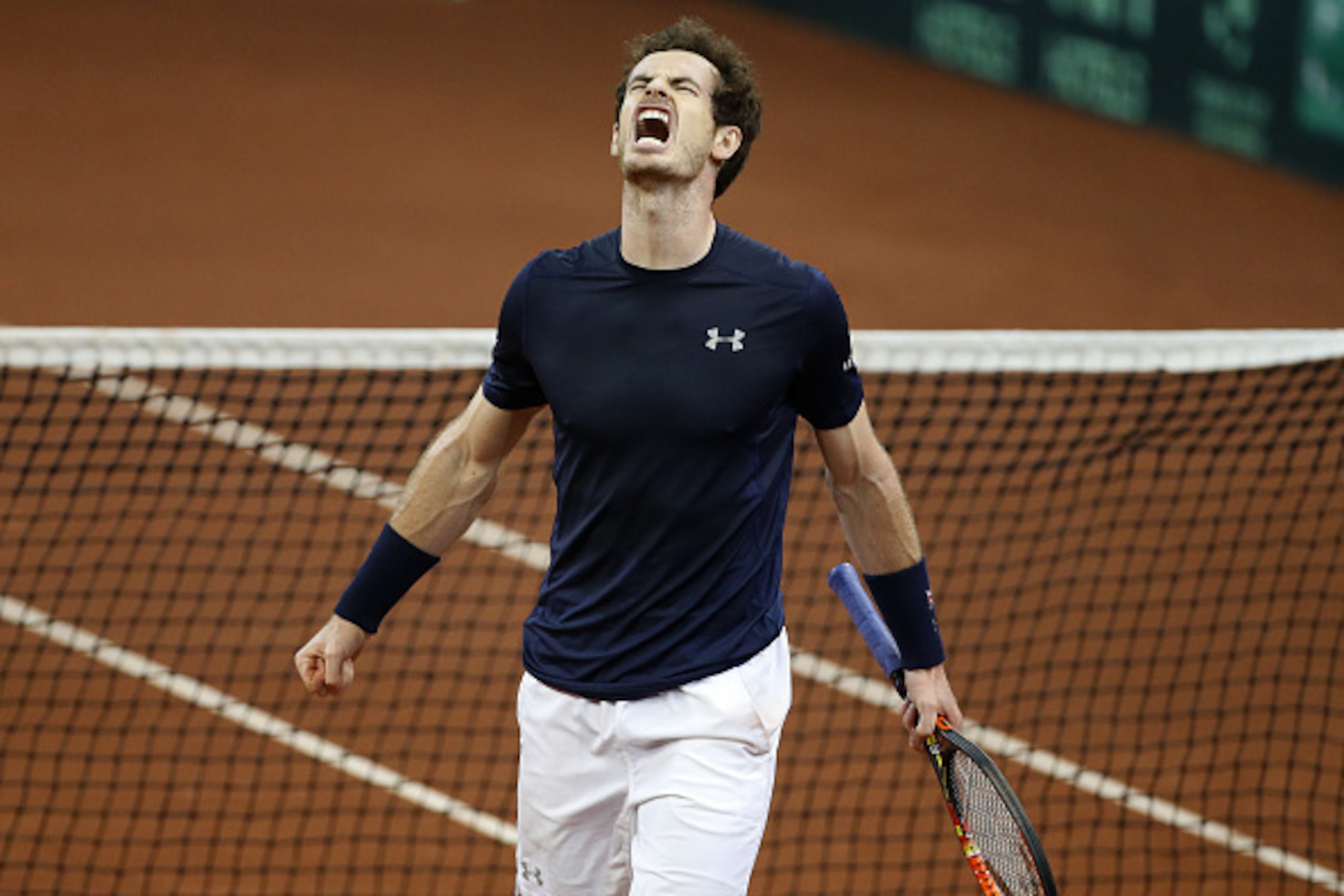 GHENT, BELGIUM - NOVEMBER 29: Andy Murray of Great Britain celebrates a point against David Goffin of Belgium during day three of the Davis Cup Final 2015 between Belgium and Great Britain at Flanders Expo on November 29, 2015 in Ghent, Belgium. (Photo by