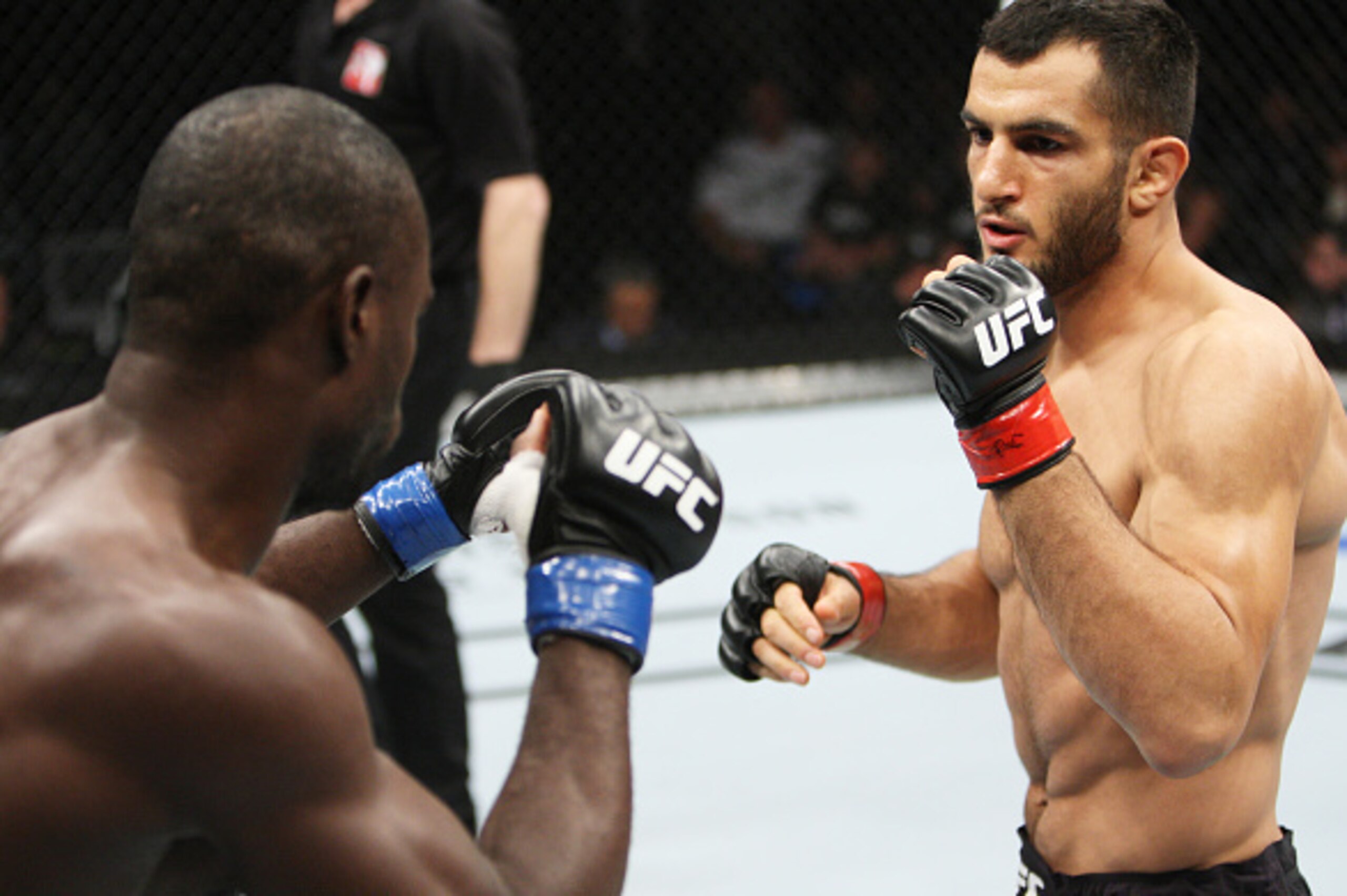 SAITAMA, JAPAN - SEPTEMBER 27: (From L to R) Uriah Hall of Jamaica and Gegard Mousaasi of Iran look for an opening in their middleweight bout during the UFC event at the Saitama Super Arena on September 27, 2015 in Saitama, Japan. (Photo by Mitch Viquez/Z