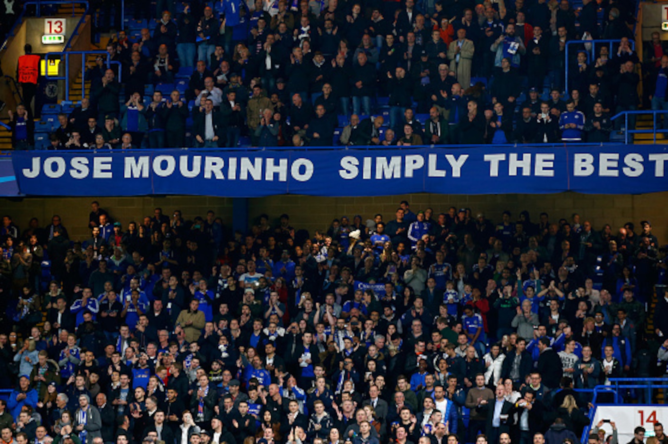LONDON, ENGLAND - NOVEMBER 04: Chelsea fans show their support for their manager during the UEFA Champions League Group G match between Chelsea FC and FC Dynamo Kyiv at Stamford Bridge on November 4, 2015 in London, United Kingdom. (Photo by Clive Rose/ LONDON, ENGLAND - NOVEMBER 04: Chelsea fans show their support for their manager during the UEFA Champions League Group G match between Chelsea FC and FC Dynamo Kyiv at Stamford Bridge on November 4, 2015 in London, United Kingdom. (Photo by Clive Rose/