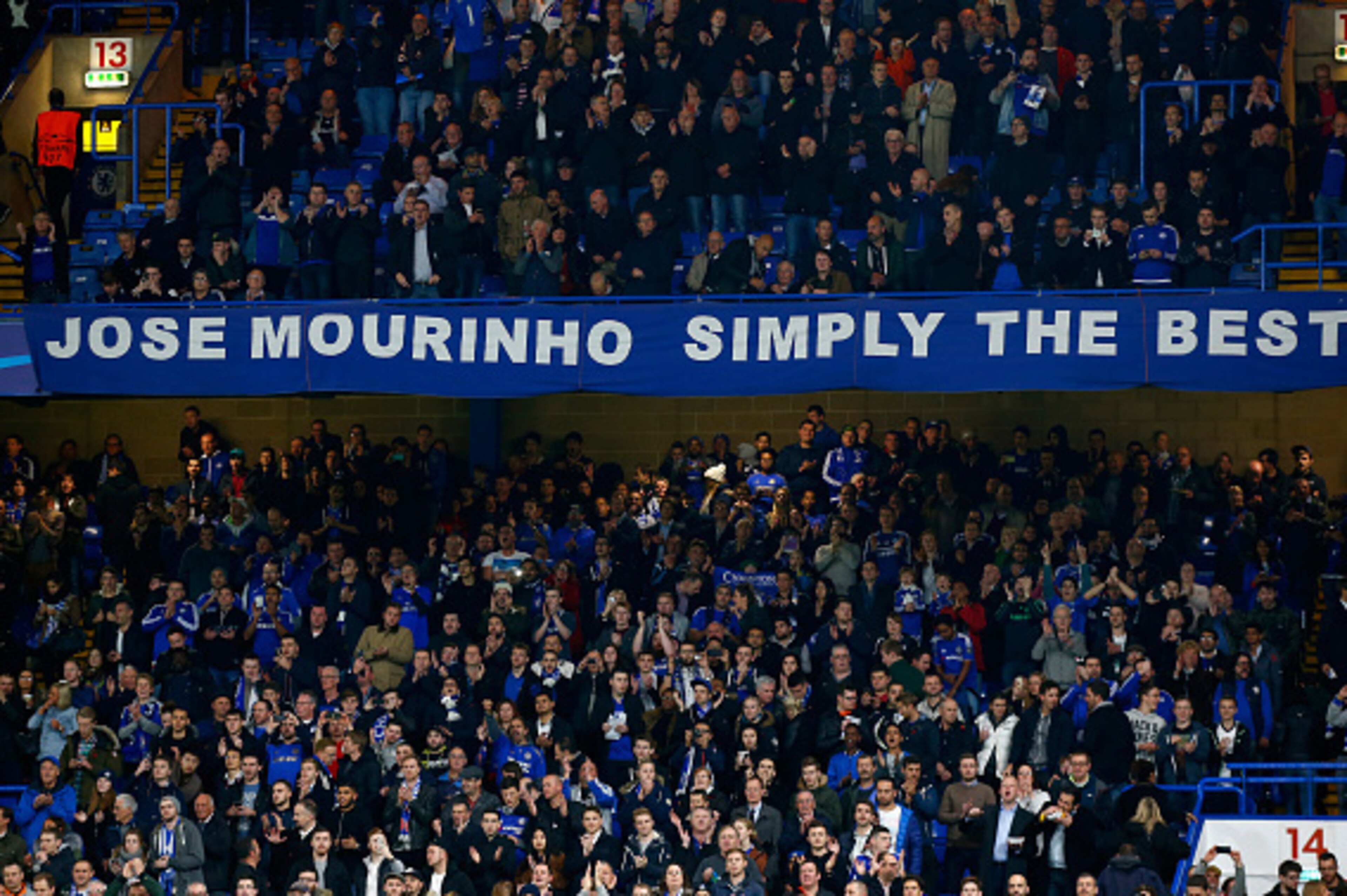 LONDON, ENGLAND - NOVEMBER 04: Chelsea fans show their support for their manager during the UEFA Champions League Group G match between Chelsea FC and FC Dynamo Kyiv at Stamford Bridge on November 4, 2015 in London, United Kingdom. (Photo by Clive Rose/ LONDON, ENGLAND - NOVEMBER 04: Chelsea fans show their support for their manager during the UEFA Champions League Group G match between Chelsea FC and FC Dynamo Kyiv at Stamford Bridge on November 4, 2015 in London, United Kingdom. (Photo by Clive Rose/