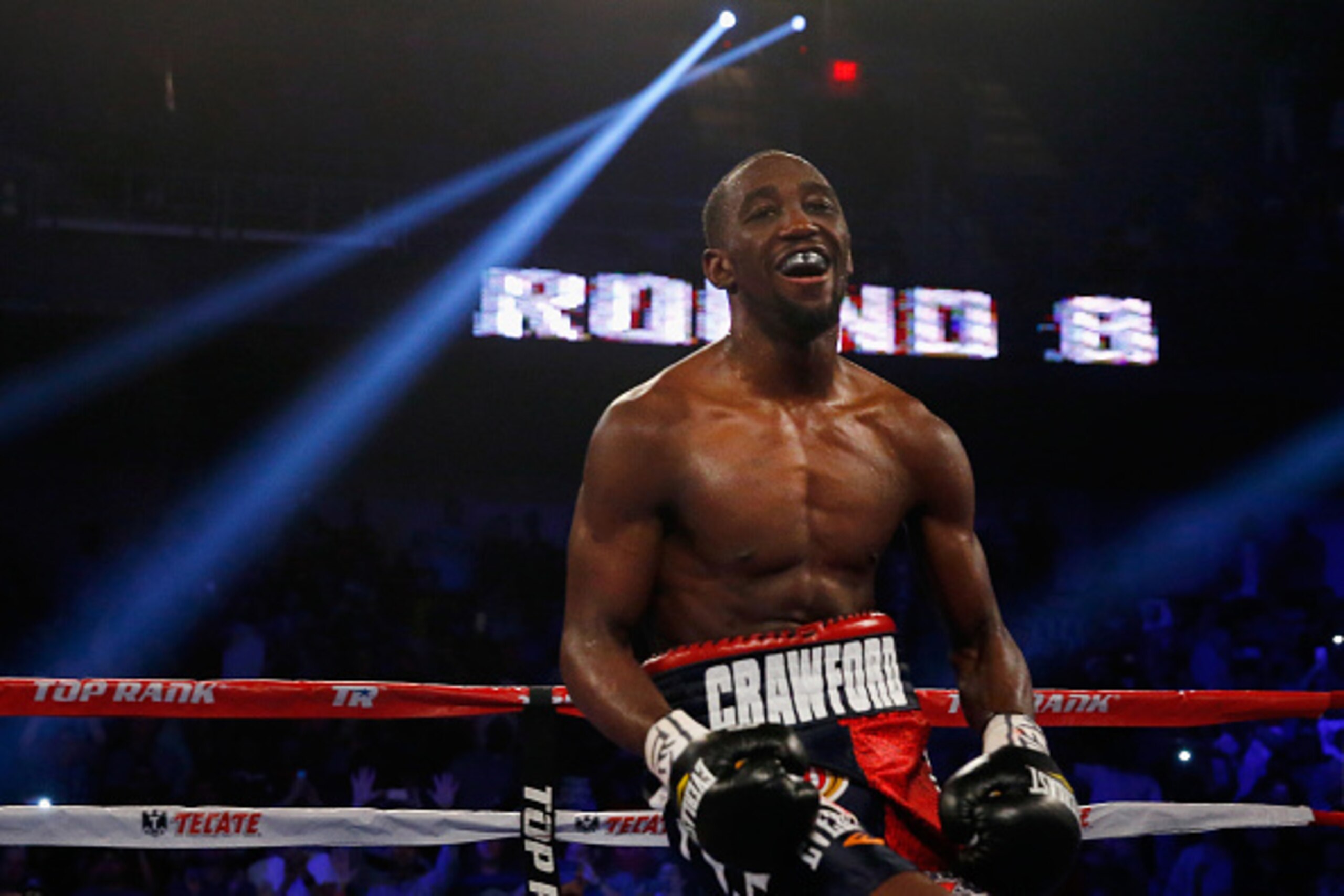 ARLINGTON, TX - APRIL 18:  Terence Crawford celebrates after beating Thomas Dulorme of Puerto Rico in the sixth round in their WBO Jr. Welterweight Title Bout on April 18, 2015 at College Park Center in Arlington, Texas.  (Photo by Tom Pennington/Getty Im