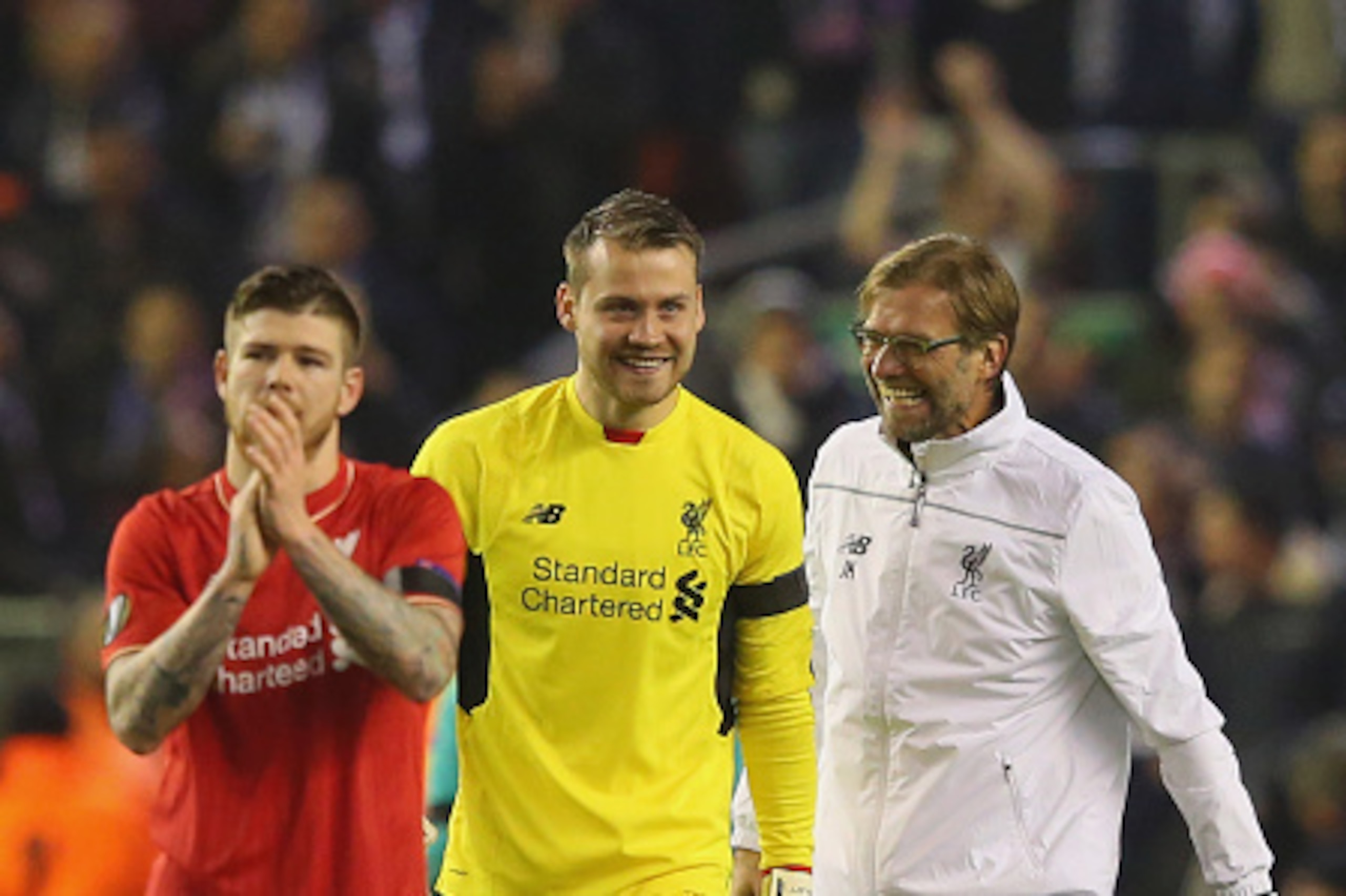 LIVERPOOL, ENGLAND - NOVEMBER 26:  Jurgen Klopp manager of Liverpool jokes with Simon Mignolet of Liverpool after victory in the UEFA Europa League Group B match between Liverpool FC and FC Girondins de Bordeaux at Anfield on November 26, 2015 in Liverpoo