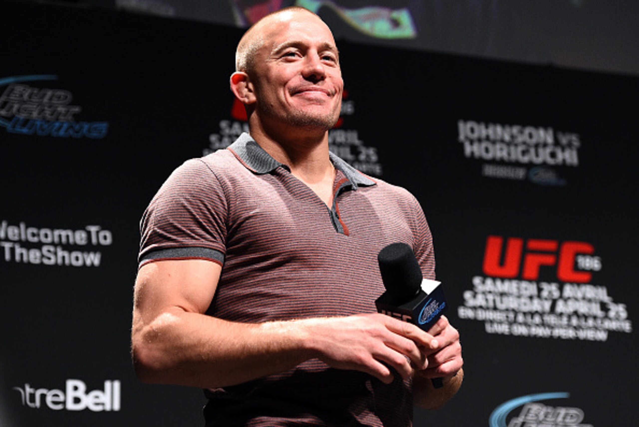 MONTREAL, QC - APRIL 24:  Former UFC welterweight champion Georges St-Pierre interacts with fans during a Q&A session before the UFC 186 weigh-in event at Metropolis on April 24, 2015 in Montreal, Quebec, Canada. (Photo by Jeff Bottari/Zuffa LLC/Zuffa LLC