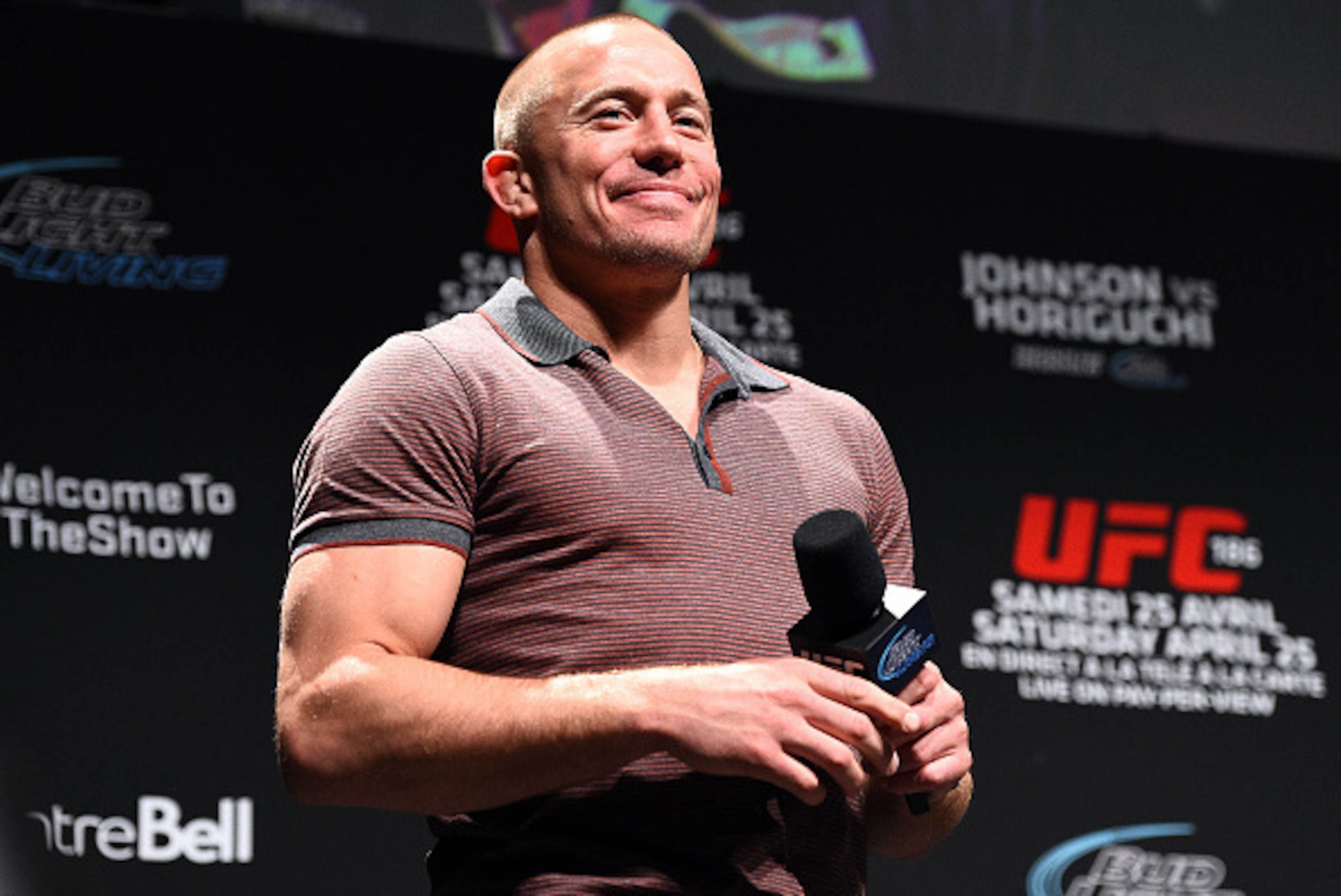 MONTREAL, QC - APRIL 24:  Former UFC welterweight champion Georges St-Pierre interacts with fans during a Q&A session before the UFC 186 weigh-in event at Metropolis on April 24, 2015 in Montreal, Quebec, Canada. (Photo by Jeff Bottari/Zuffa LLC/Zuffa LLC