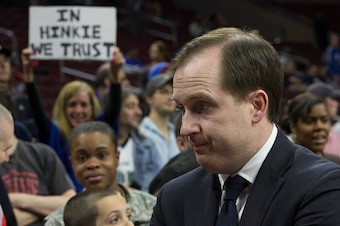 PHILADELPHIA, PA - APRIL 15: General Manager Sam Hinkie of the Philadelphia 76ers looks on prior to the game against the Miami Heat on April 15, 2015 at the Wells Fargo Center in Philadelphia, Pennsylvania. NOTE TO USER: User expressly acknowledges and ag