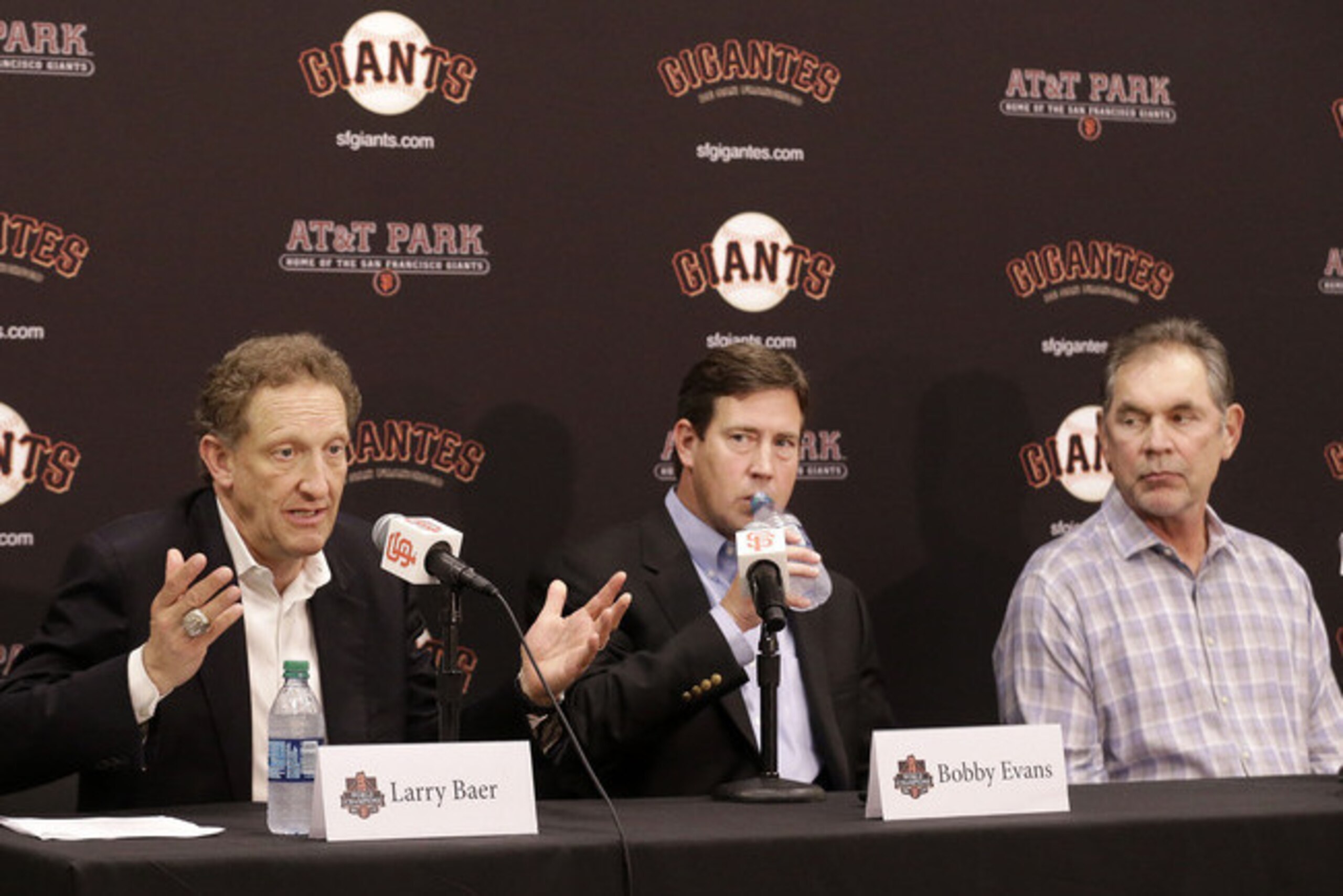 Larry Baer and Bobby Evans need to find some new toys for Bruce Bochy. Larry Baer and Bobby Evans need to find some new toys for Bruce Bochy.