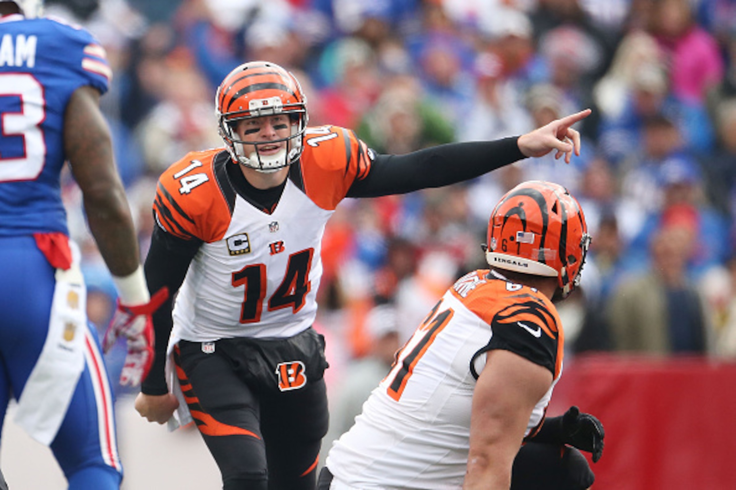 ORCHARD PARK, NY - OCTOBER 18: Andy Dalton #14 of the Cincinnati Bengals calls an audible against the Buffalo Bills defense during the first half at Ralph Wilson Stadium on October 18, 2015 in Orchard Park, New York. (Photo by Tom Szczerbowski/Getty Im ORCHARD PARK, NY - OCTOBER 18: Andy Dalton #14 of the Cincinnati Bengals calls an audible against the Buffalo Bills defense during the first half at Ralph Wilson Stadium on October 18, 2015 in Orchard Park, New York. (Photo by Tom Szczerbowski/Getty Im