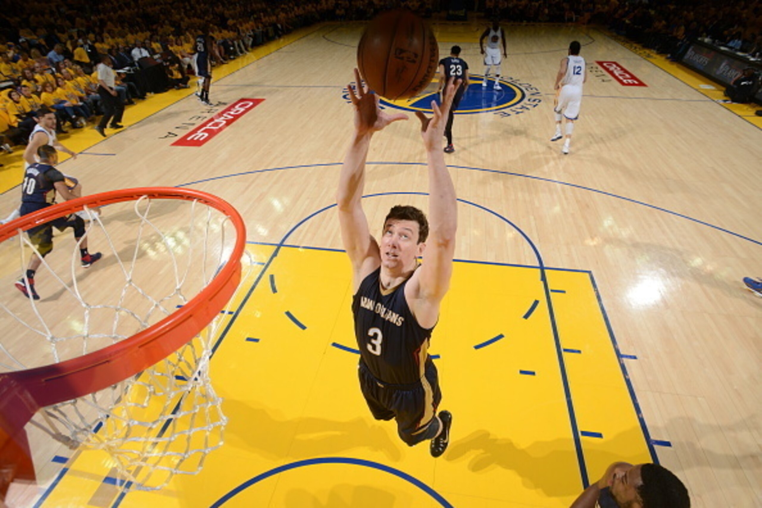 OAKLAND, CA - APRIL 18: Omer Asik #3 of the New Orleans Pelicans grabs a rebound against the Golden State Warriors in Game One of the Western Conference Quarterfinals during the NBA Playoffs on April 18, 2015 at Oracle Arena in Oakland, California. NOTE T