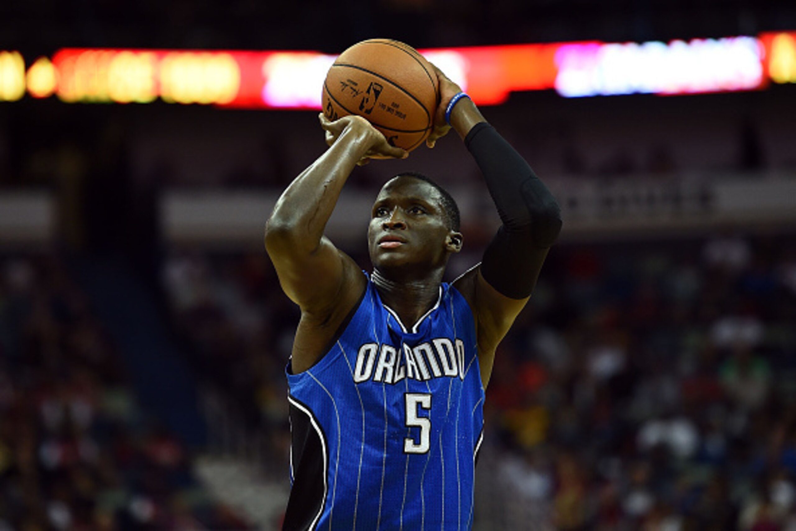 NEW ORLEANS, LA - NOVEMBER 03:  Victor Oladipo #5 of the Orlando Magic shoots a free throw during a game against the New Orleans Pelicans at the Smoothie King Center on November 3, 2015 in New Orleans, Louisiana. NOTE TO USER: User expressly acknowledges 