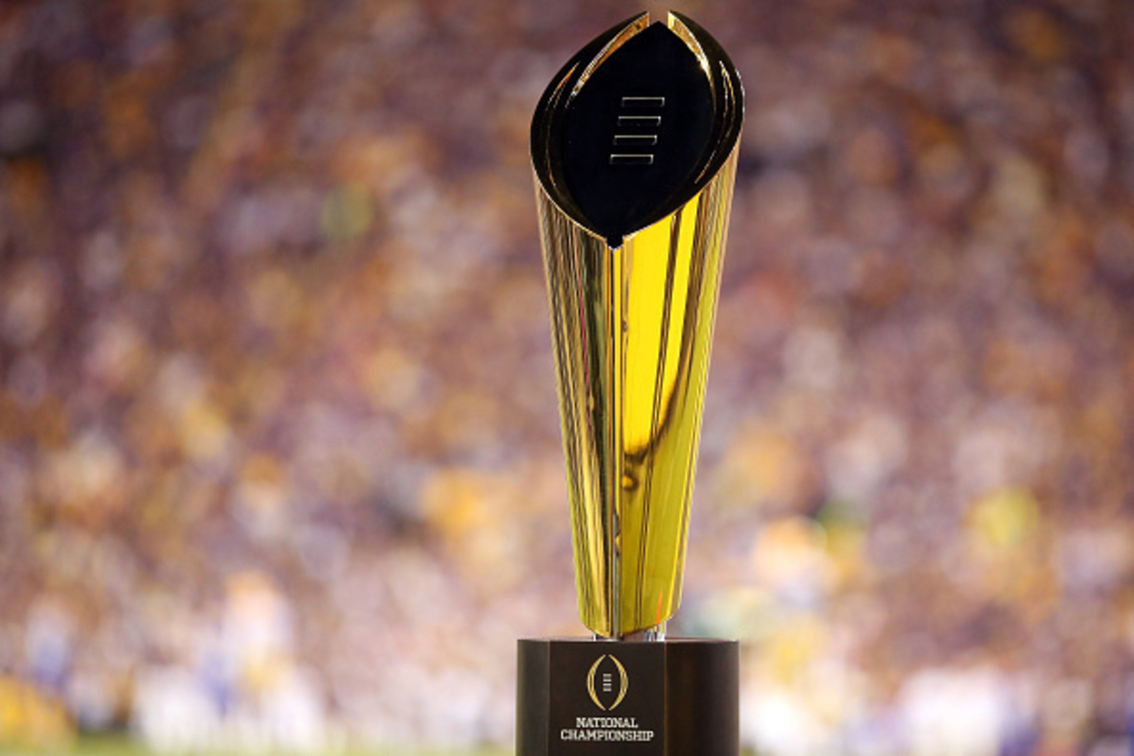 BATON ROUGE, LA - OCTOBER 17: College Football Playoff National Championship Trophy presented by Dr Pepper is seen at Tiger Stadium on October 17, 2015 in Baton Rouge, Louisiana. (Photo by Chris Graythen/Getty Images) BATON ROUGE, LA - OCTOBER 17: College Football Playoff National Championship Trophy presented by Dr Pepper is seen at Tiger Stadium on October 17, 2015 in Baton Rouge, Louisiana. (Photo by Chris Graythen/Getty Images)