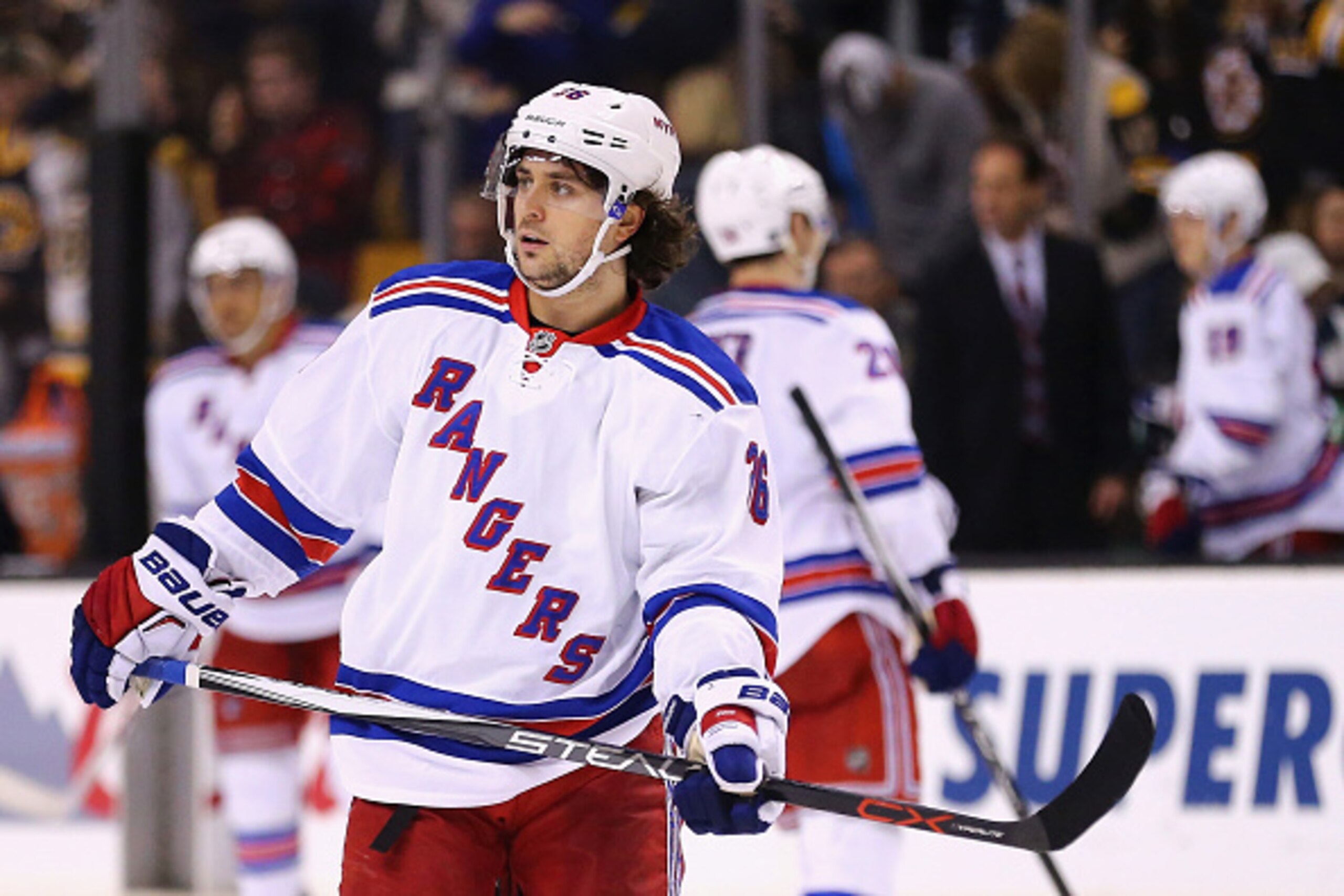 BOSTON, MA - NOVEMBER 27:  Mats Zuccarello #36 of the New York Rangers looks on during the third period at TD Garden on November 27, 2015 in Boston, Massachusetts. The Bruins defeat the Rangers 4-3.  (Photo by Maddie Meyer/Getty Images)