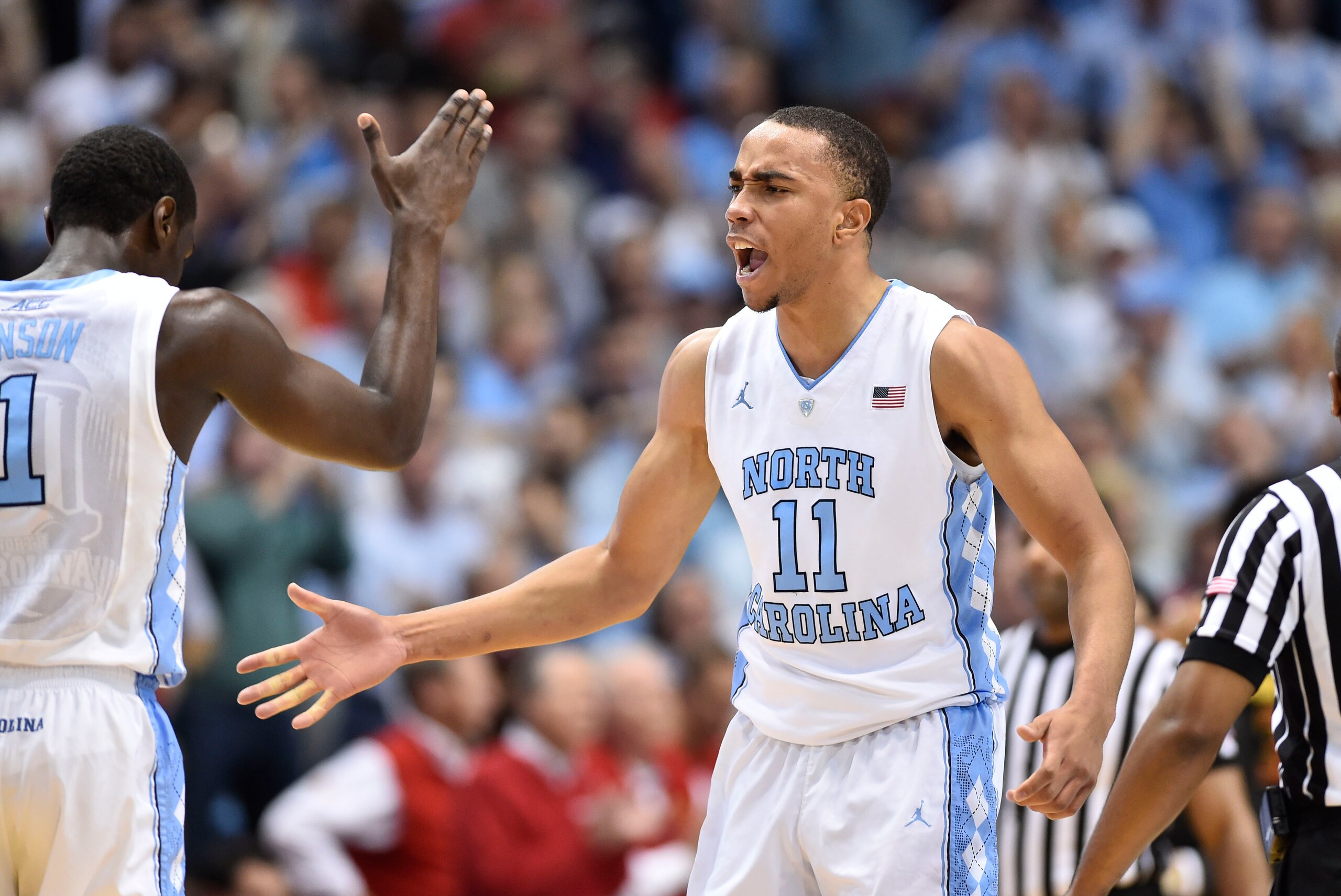 Dec 1, 2015; Chapel Hill, NC, USA; North Carolina Tar Heels forward Theo Pinson (1) and forward Brice Johnson (11) react in the first half at Dean E. Smith Center. Mandatory Credit: Bob Donnan-USA TODAY Sports