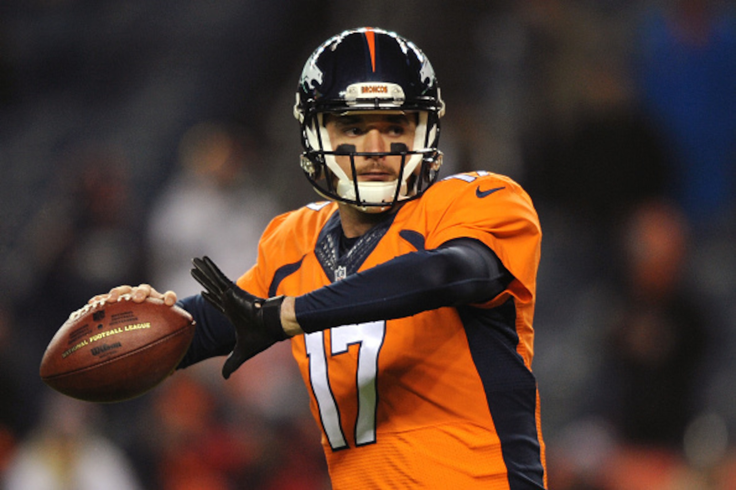 DENVER, CO - NOVEMBER 29: Quarterback Brock Osweiler #17 of the Denver Broncos warms up before a game against the New England Patriots at Sports Authority Field at Mile High on November 29, 2015 in Denver, Colorado. (Photo by Dustin Bradford/Getty Images) DENVER, CO - NOVEMBER 29: Quarterback Brock Osweiler #17 of the Denver Broncos warms up before a game against the New England Patriots at Sports Authority Field at Mile High on November 29, 2015 in Denver, Colorado. (Photo by Dustin Bradford/Getty Images)