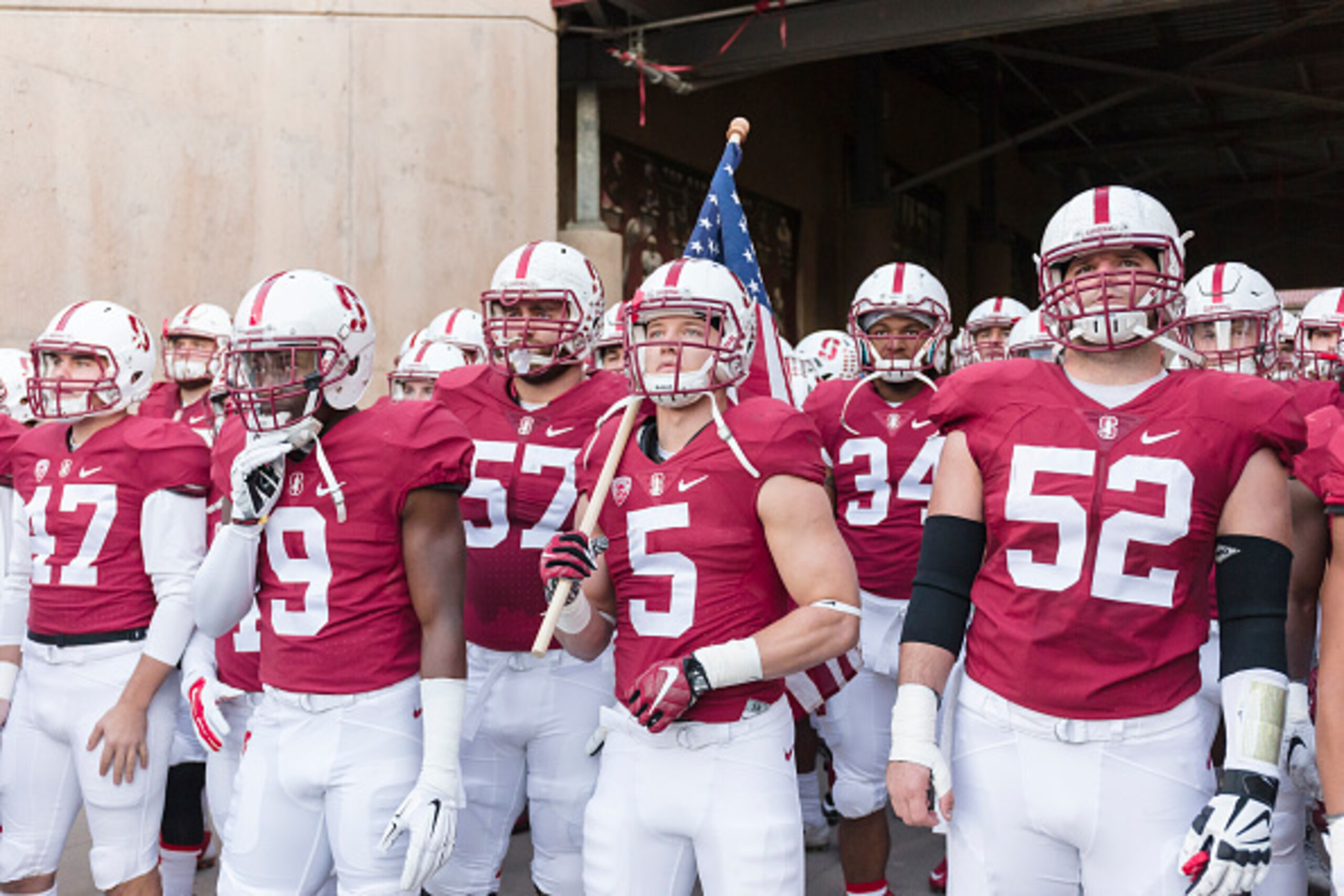 PALO ALTO, CA - NOVEMBER 28:  Christian McCaffrey #5 of the Stanford Cardinal and his teammates wait to enter the field prior to an NCAA football game against the Notre Dame Fighting Irish on November 28, 2015 at Stanford Stadium on the campus of Stanford