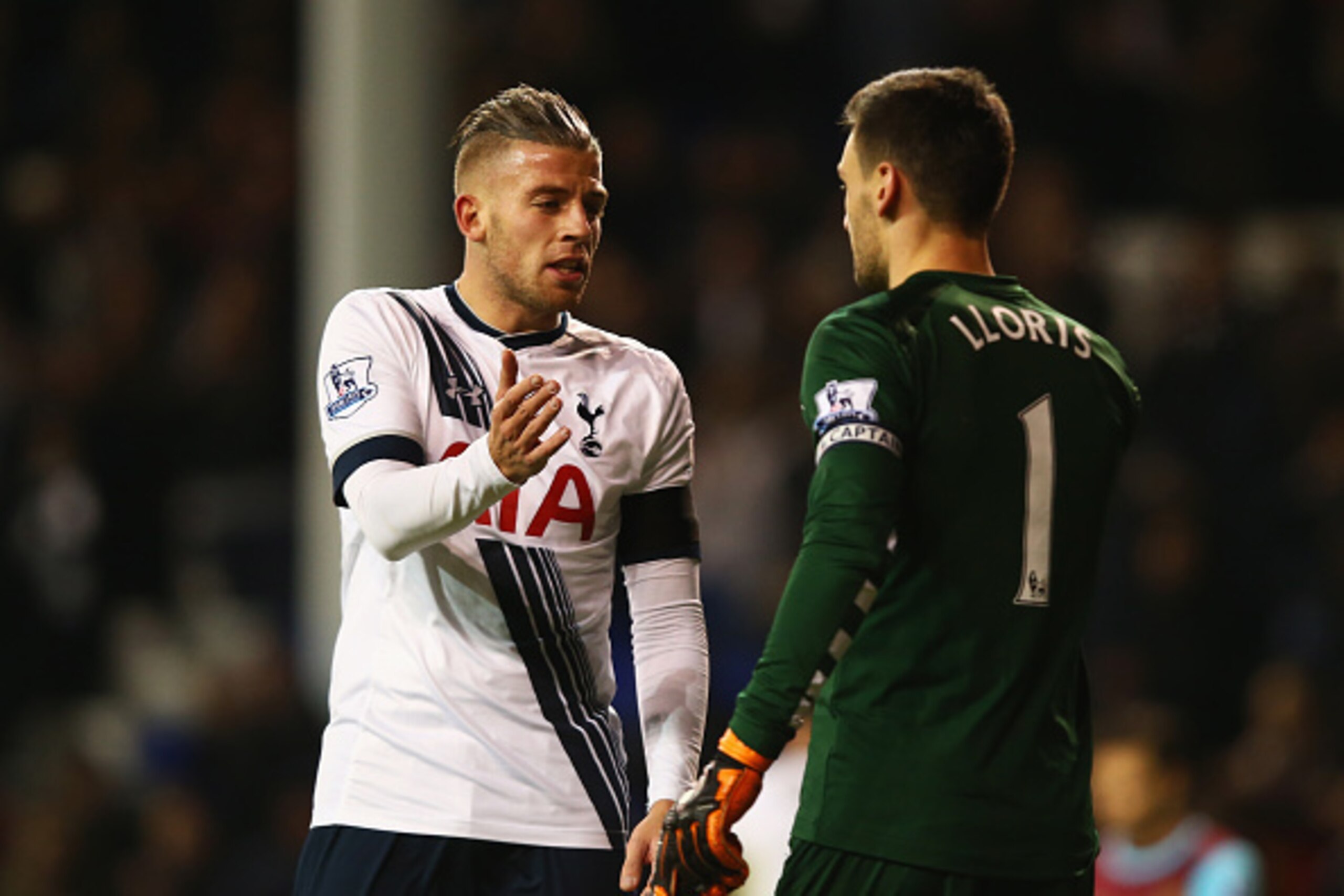 LONDON, ENGLAND - NOVEMBER 22: Toby Alderweireld of Tottenham Hotspur shakes hands with Hugo Lloris of Tottenham Hotspur after the Barclays Premier League match between Tottenham Hotspur and West Ham United at White Hart Lane on November 22, 2015 in Londo