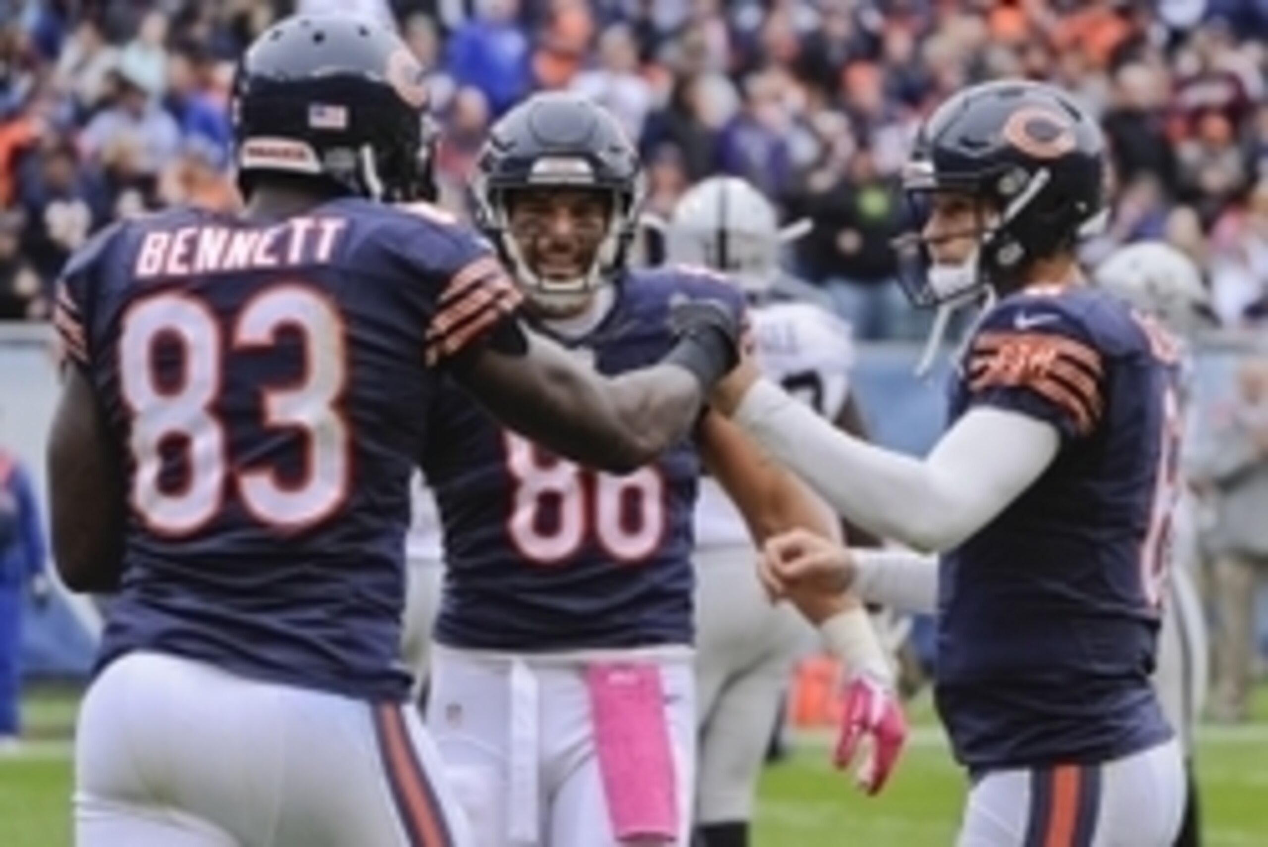 Oct 4, 2015; Chicago, IL, USA;Chicago Bears quarterback Jay Cutler (6) fist bumps Chicago Bears tight end Martellus Bennett (83) as Chicago Bears tight end Zach Miller (86) looks on after a touchdown against the Oakland Raiders at Soldier Field. Mandator Oct 4, 2015; Chicago, IL, USA;Chicago Bears quarterback Jay Cutler (6) fist bumps Chicago Bears tight end Martellus Bennett (83) as Chicago Bears tight end Zach Miller (86) looks on after a touchdown against the Oakland Raiders at Soldier Field. Mandator