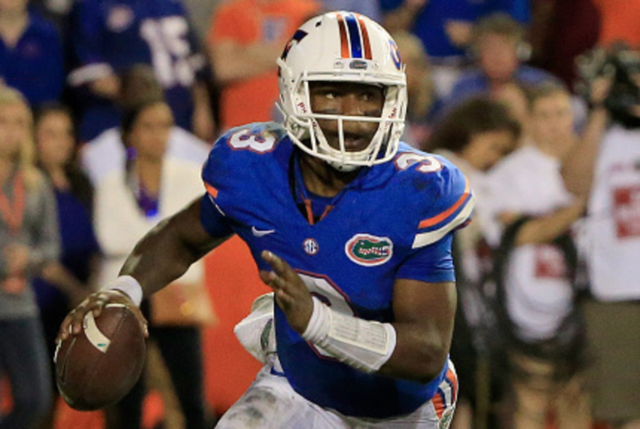 GAINESVILLE, FL - NOVEMBER 28:  Treon Harris #3 of the Florida Gators scrambles for yardage during the game against the Florida State Seminoles at Ben Hill Griffin Stadium on November 28, 2015 in Gainesville, Florida.  (Photo by Sam Greenwood/Getty Images