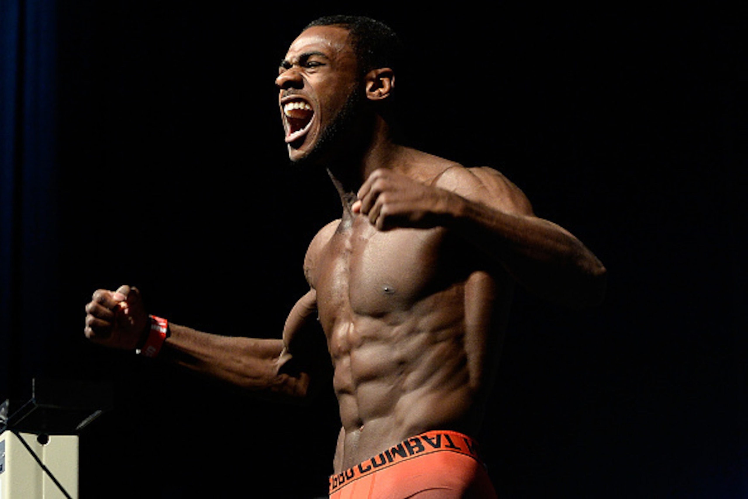 NEWARK, NJ - APRIL 17:  Aljamain Sterling steps on the scale during the UFC Fight Night weigh-in event at the Prudential Center on April 17, 2015 in Newark, New Jersey. (Photo by Mike Roach/Zuffa LLC/Zuffa LLC via Getty Images)