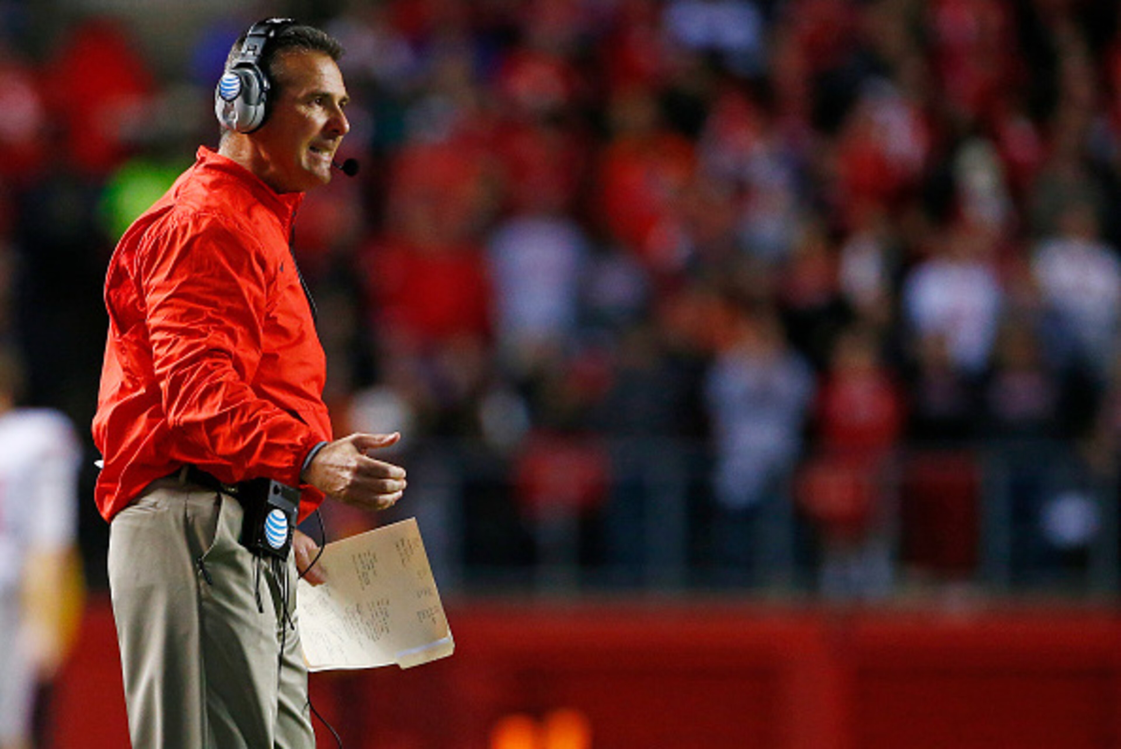PISCATAWAY, NJ - OCTOBER 24: Head coach Urban Meyer of the Ohio State Buckeyes during a game against the Rutgers Scarlet Knights at High Point Solutions Stadium on October 24, 2015 in Piscataway, New Jersey. (Photo by Rich Schultz /Getty Images)