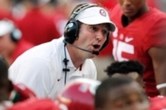 Sep 20, 2014; Tuscaloosa, AL, USA; Alabama Crimson Tide defensive coordinator Kirby Smart talks to his team during the game against the Florida Gators at Bryant-Denny Stadium. Mandatory Credit: Marvin Gentry-USA TODAY Sports